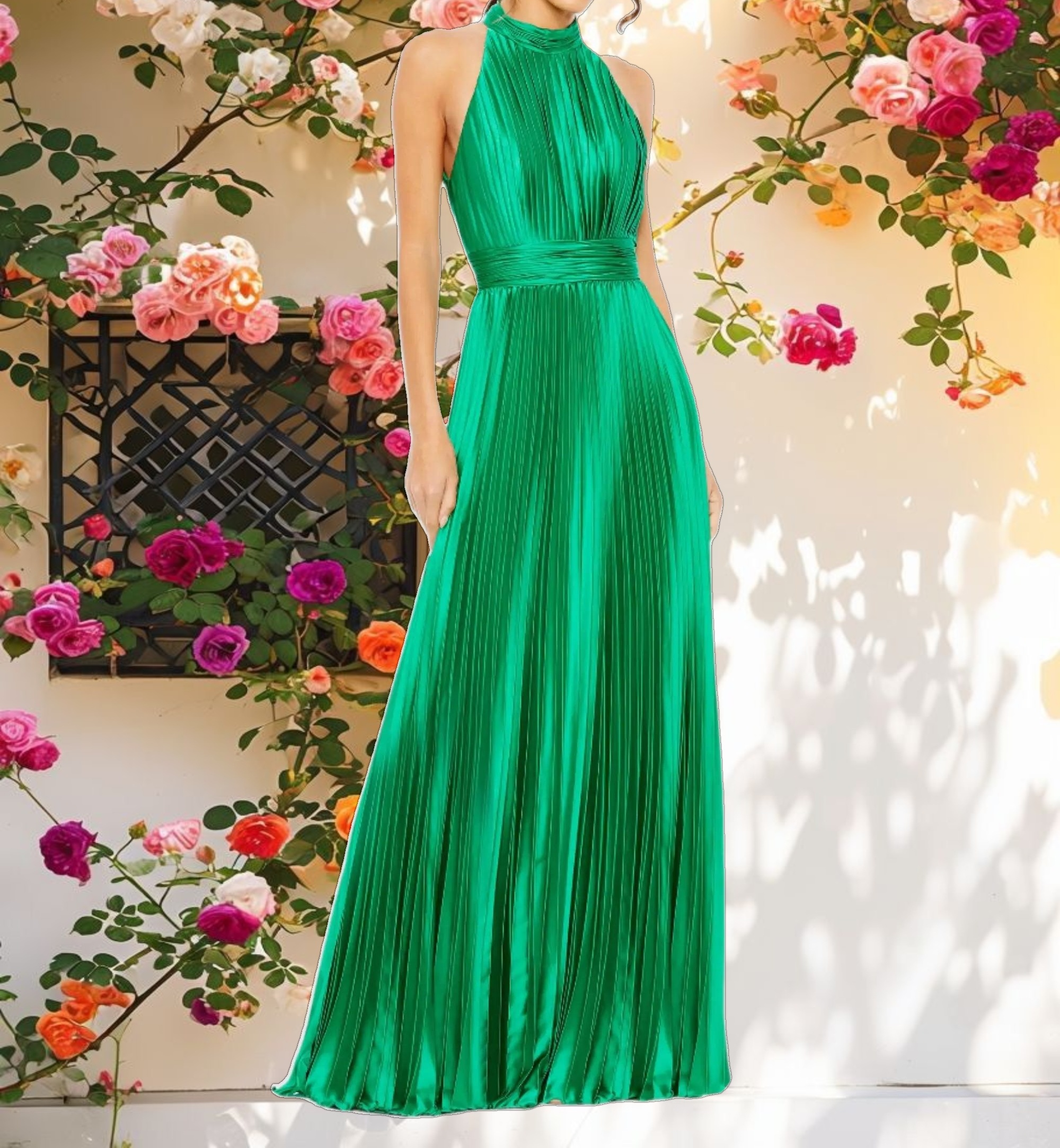 Green Pleated High Neck Satin Sleeveless Halter Gown