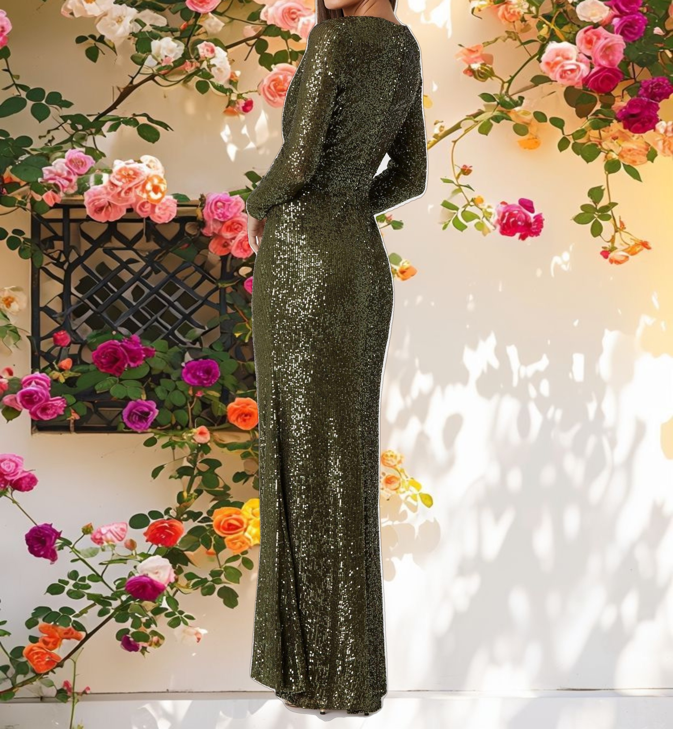 Green Sequined Long Sleeve Gown