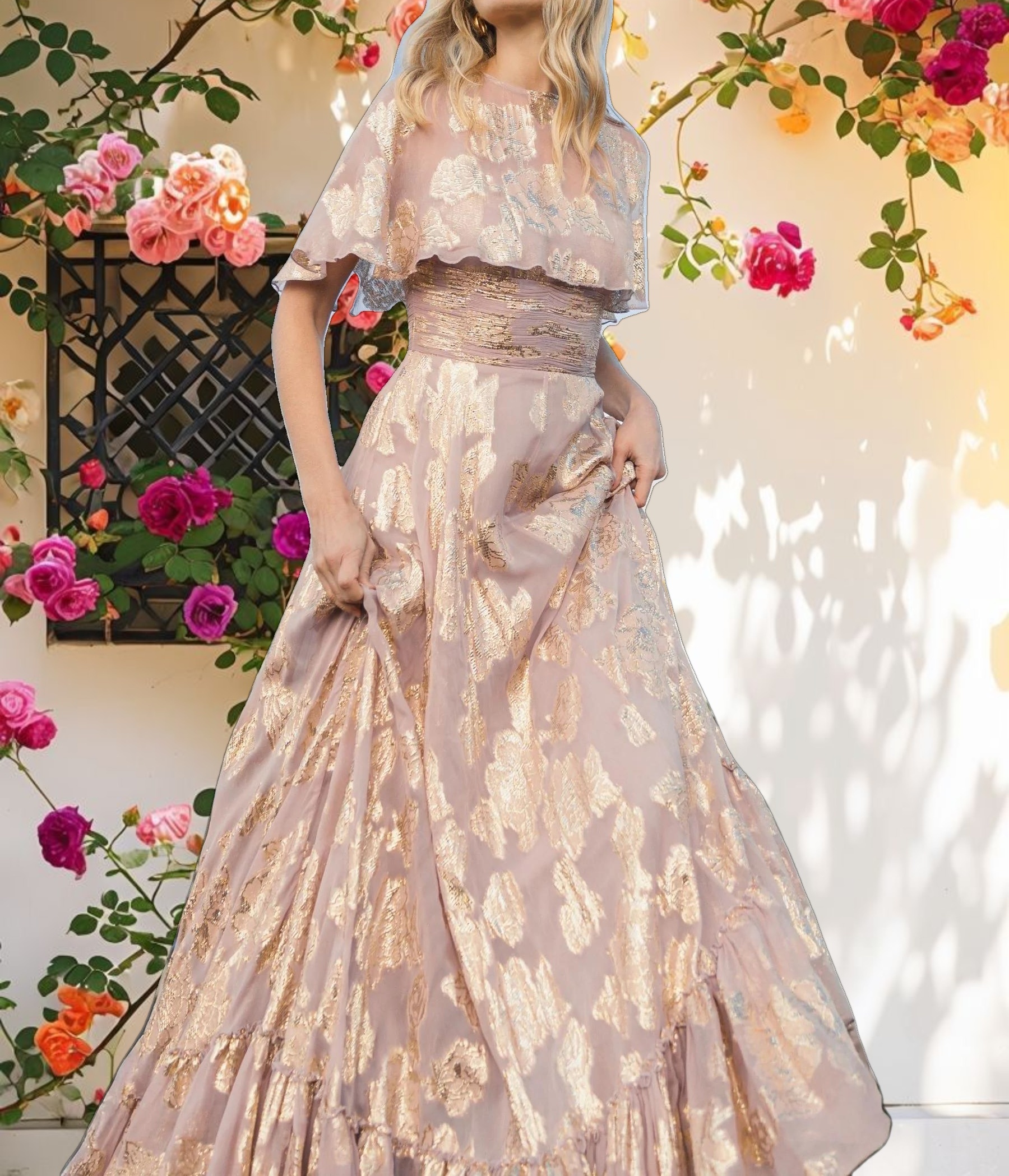 Purple High Neck Cape Sleeve A Line Floral Dress