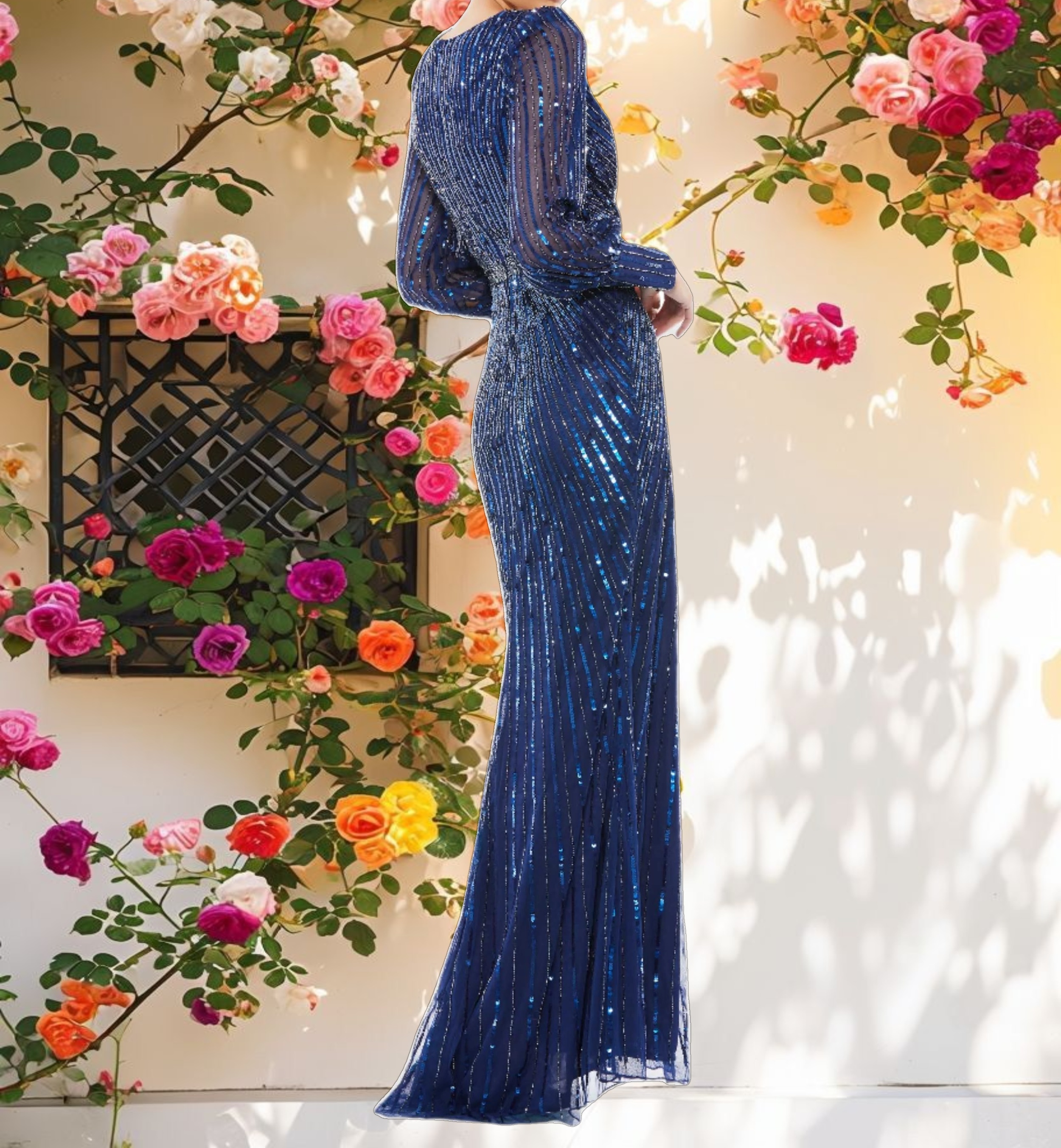 Sequined Wrap Over Bishop Sleeve Gown