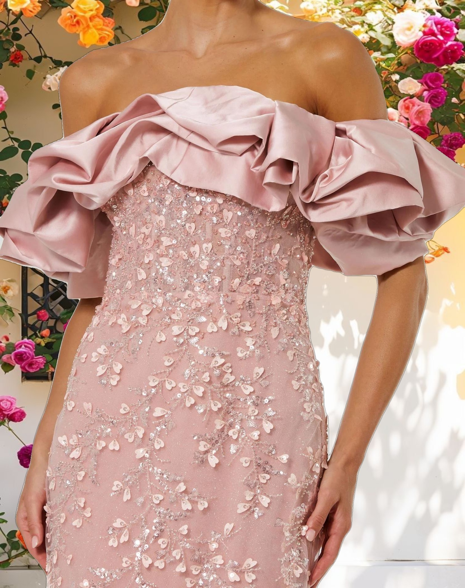 Pink Beaded Applique Off The Shoulder Mermaid Gown