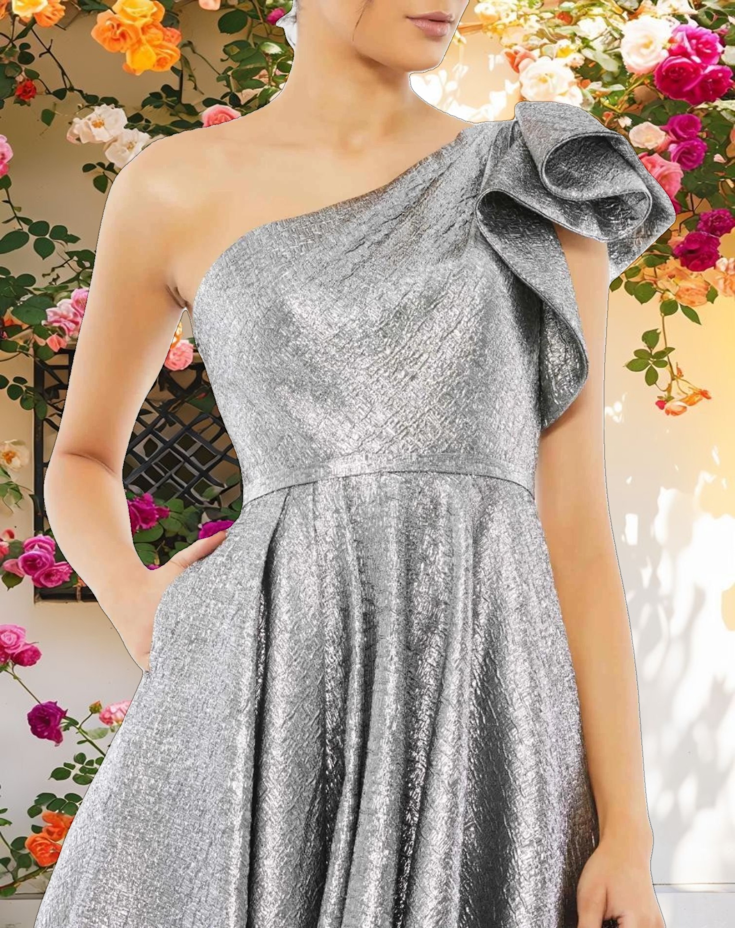 Silver One Shoulder Bow Midi Dress
