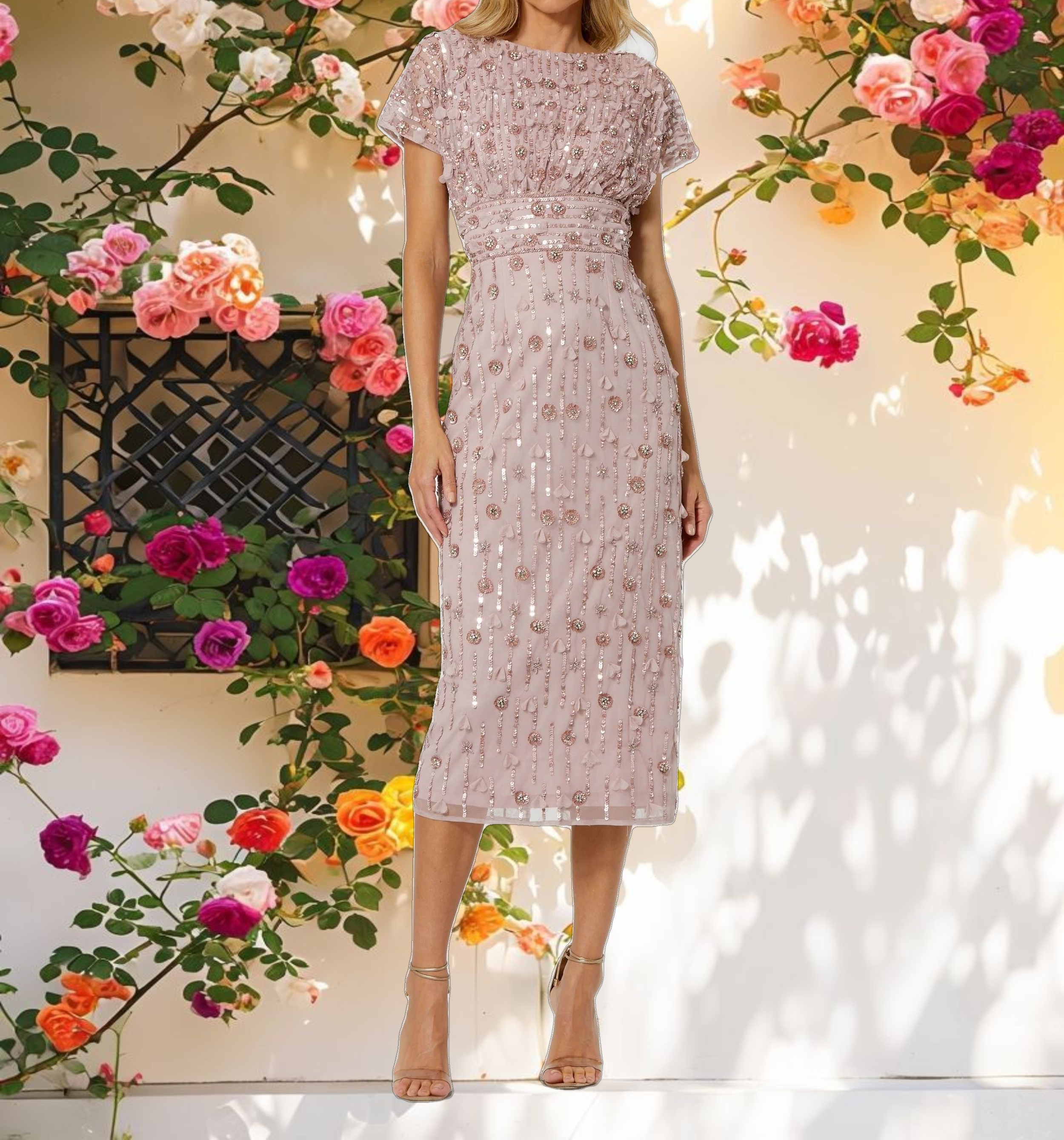 Floral Beaded Midi Dress With Cap Sleeves