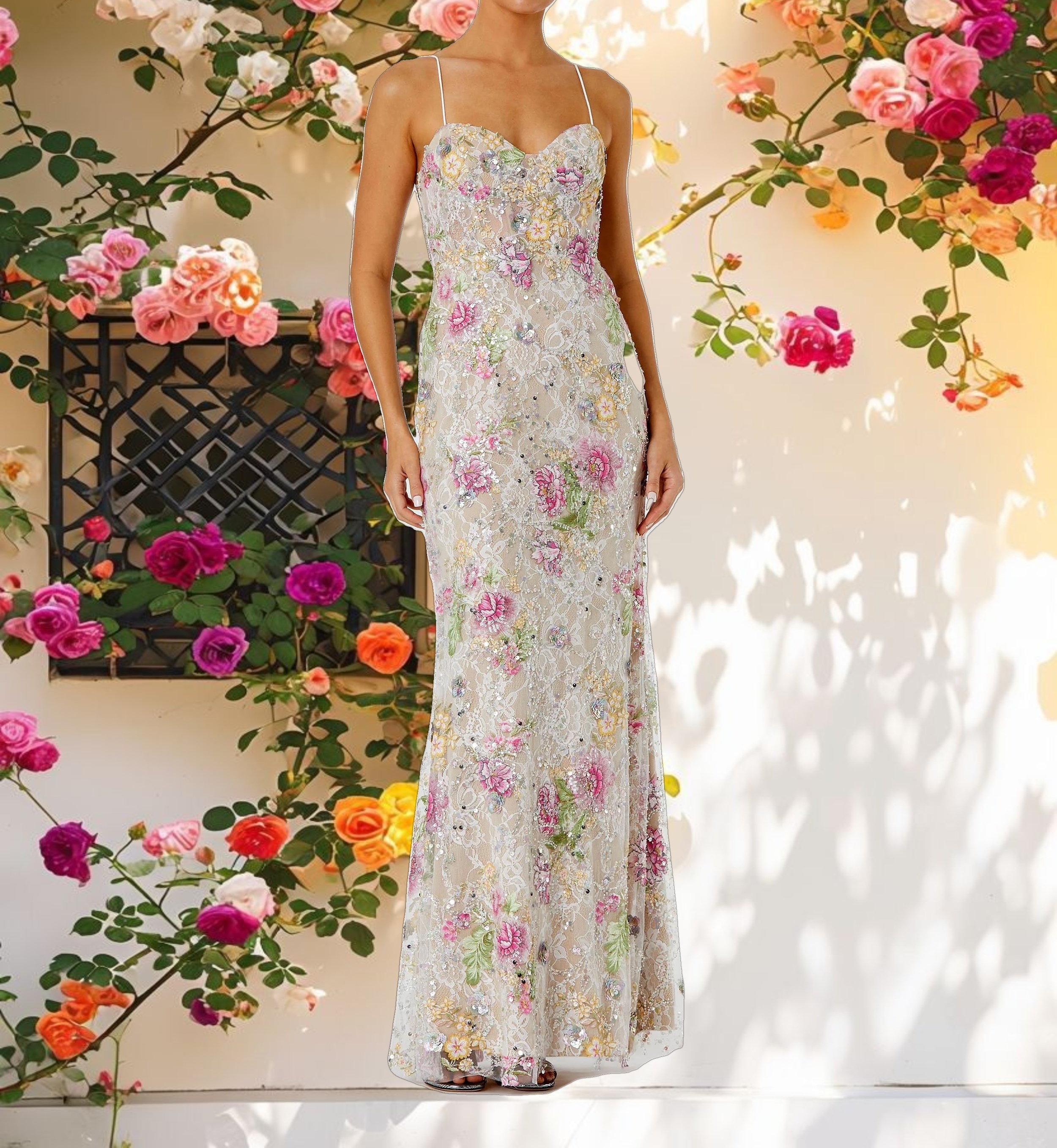 Multicolor Embellished Sleeveless Bustier Floral Dress