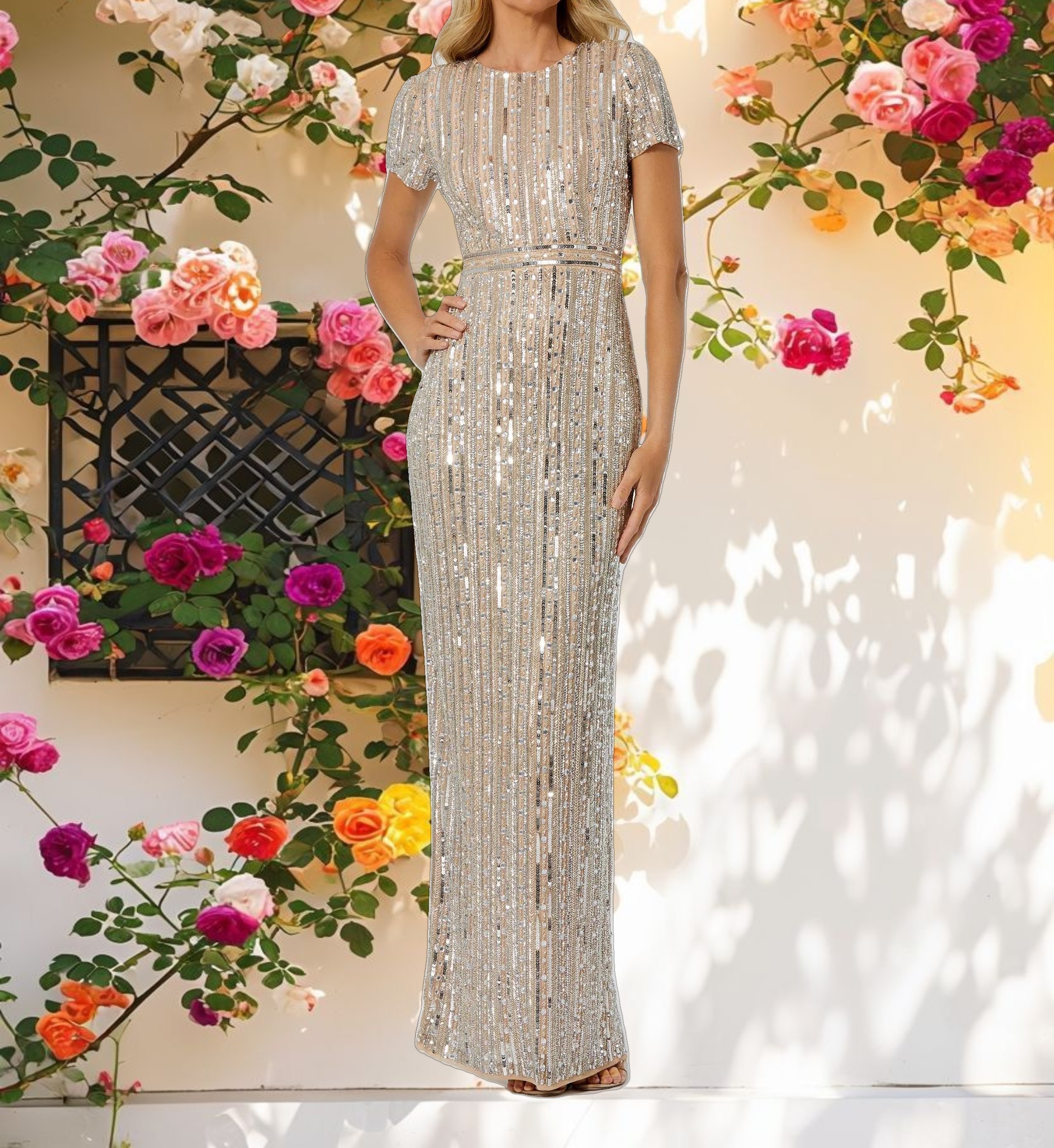 Beige and Silver High Neck Short Sleeve Embellished Gown