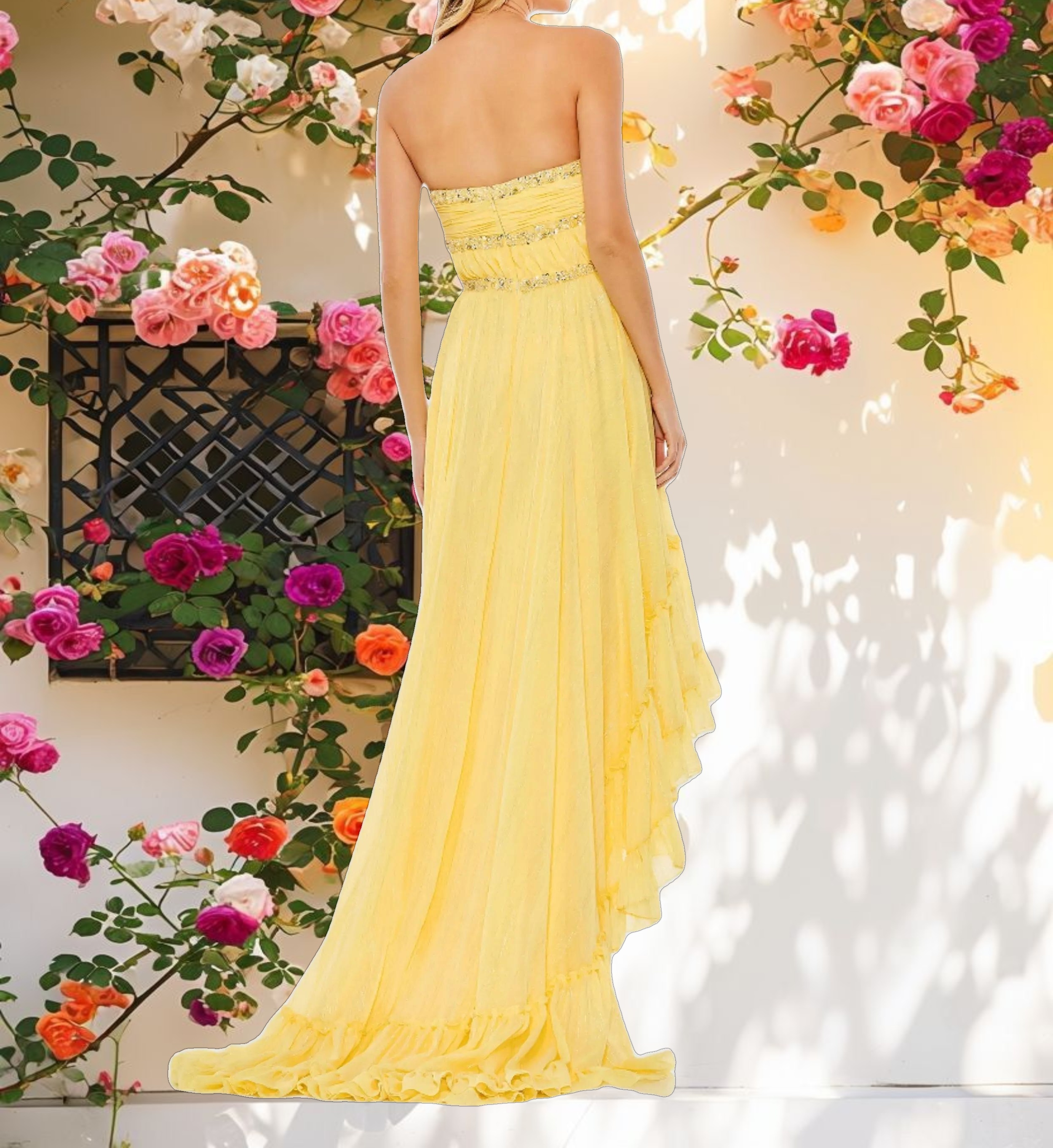 Yellow Beaded Ruffle High Low Gown