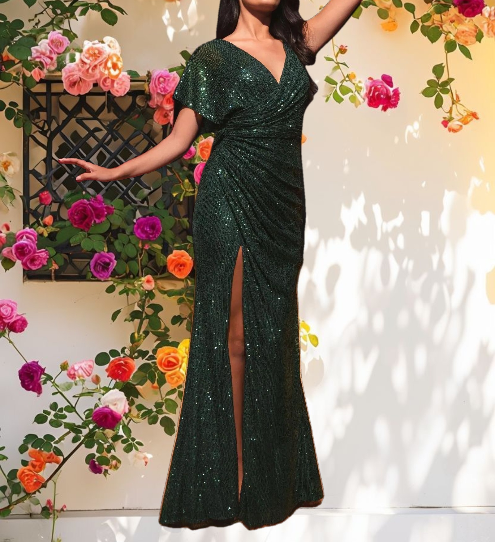 Green Sequined Asymmetrical Draped Trumpet Gown