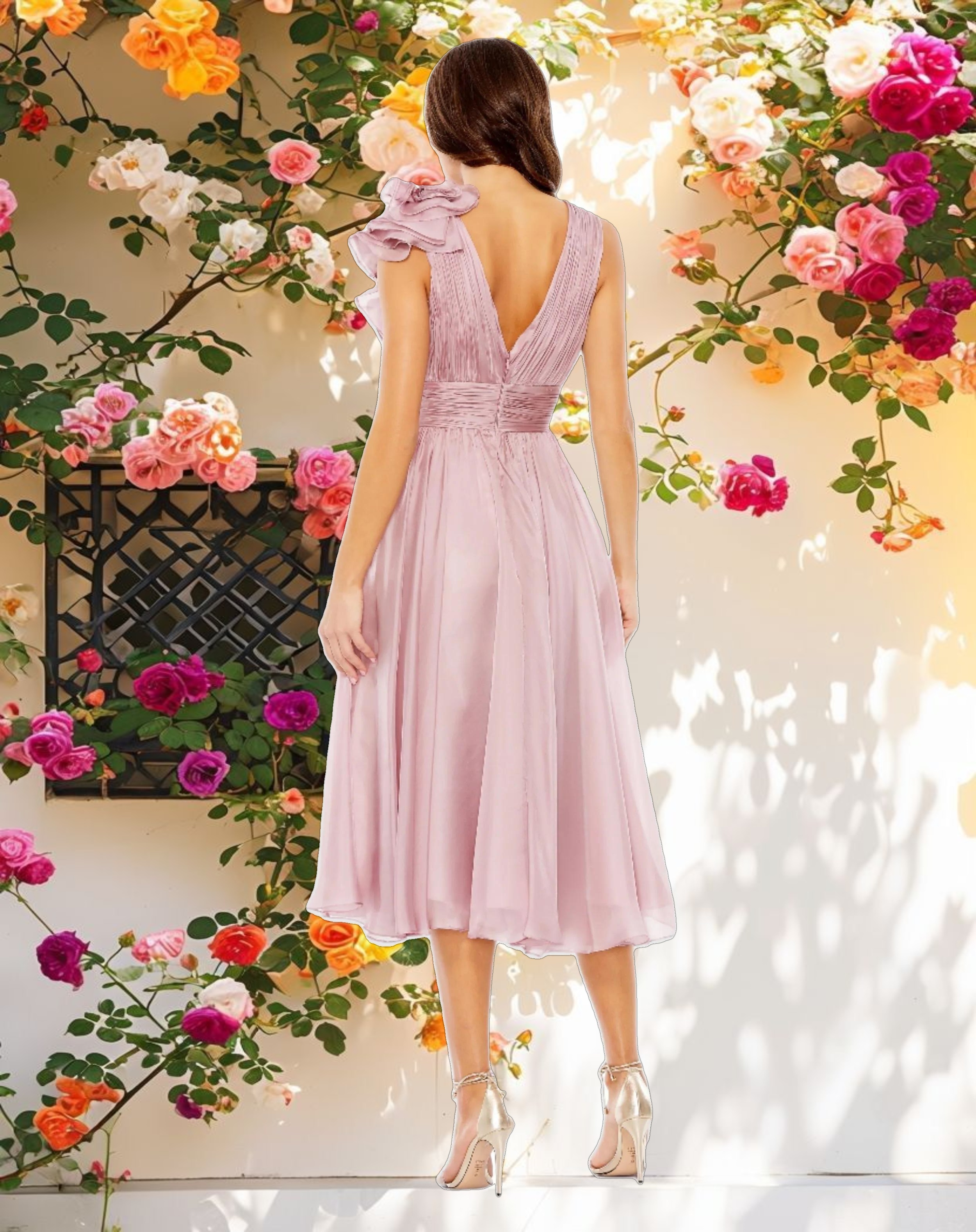Pink Sleeveless Chiffon A Line Tea Length Cocktail Dress