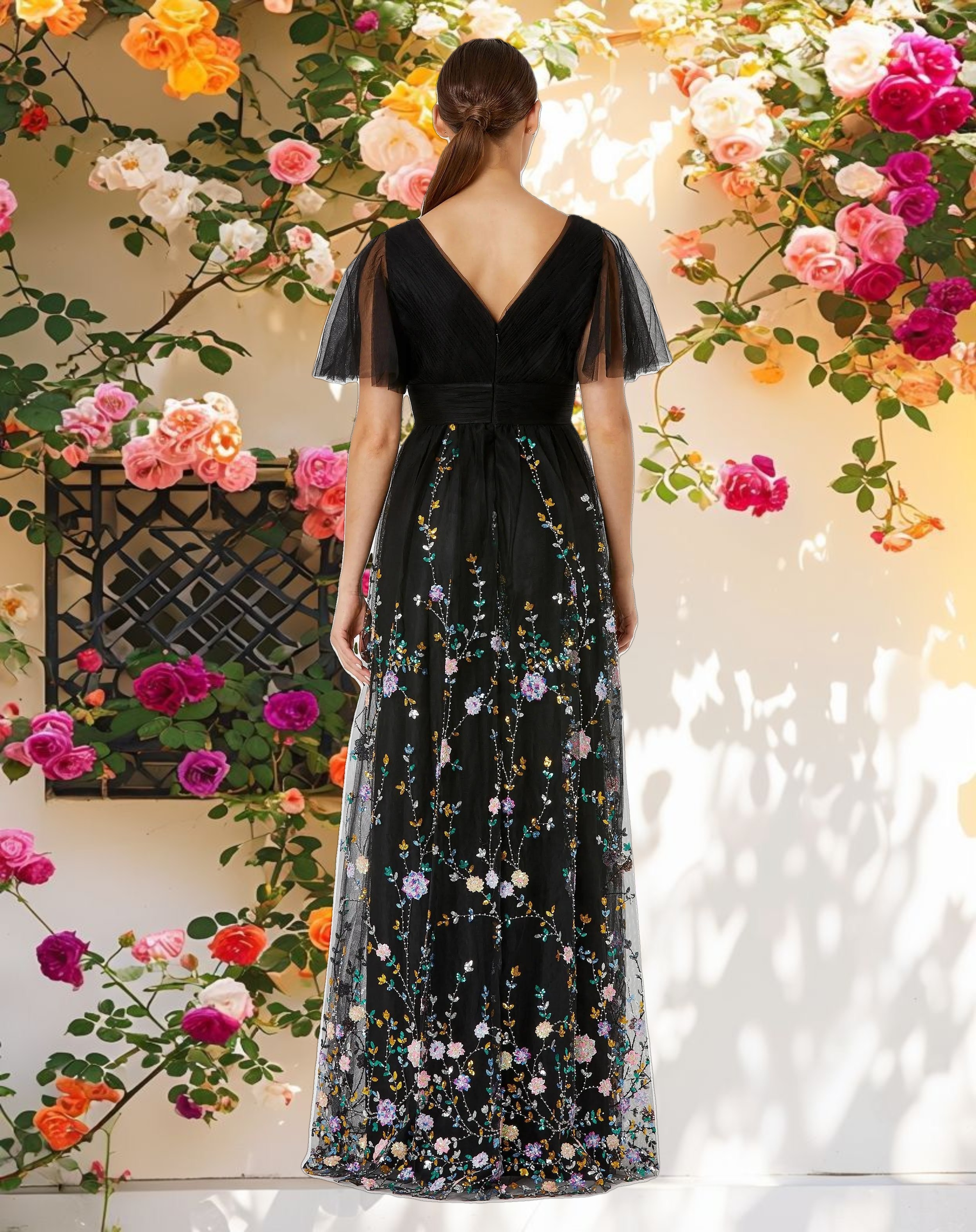 Black Embroidered Butterfly Sleeve Empire Waist Dress