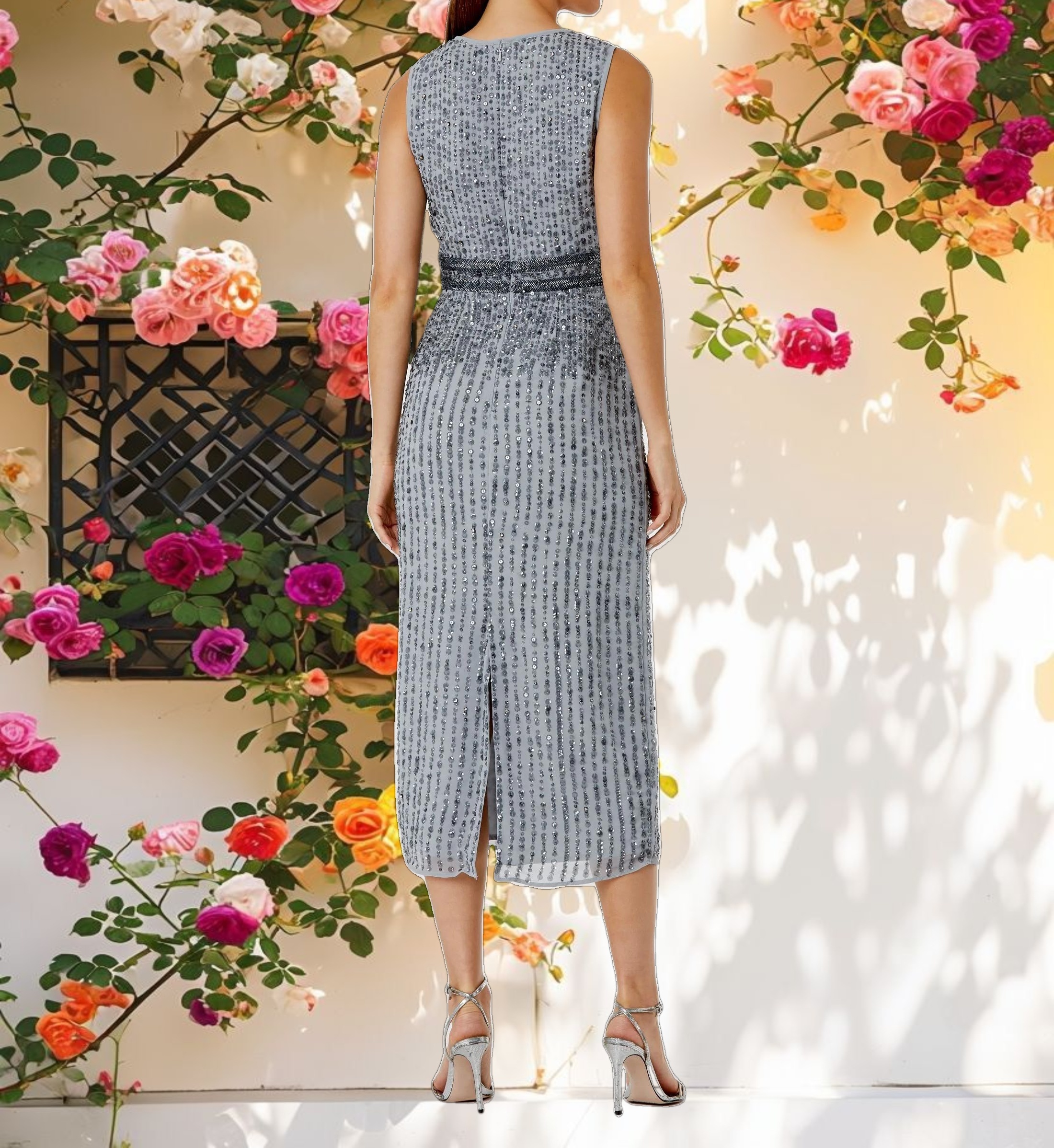 Gray Sleeveless High Neck Beaded Midi Sheath Dress