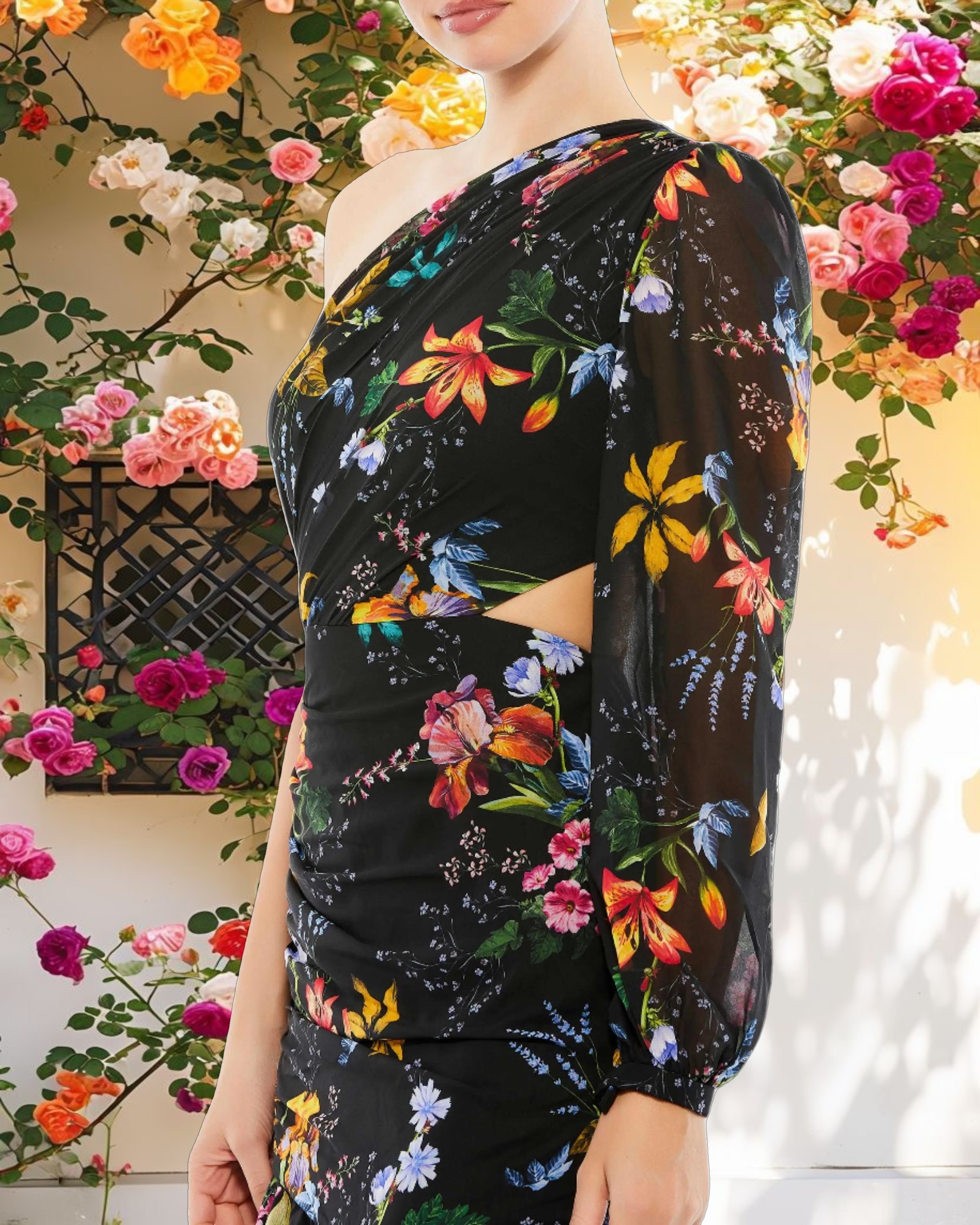 Floral One Sleeve Cut Out Dress