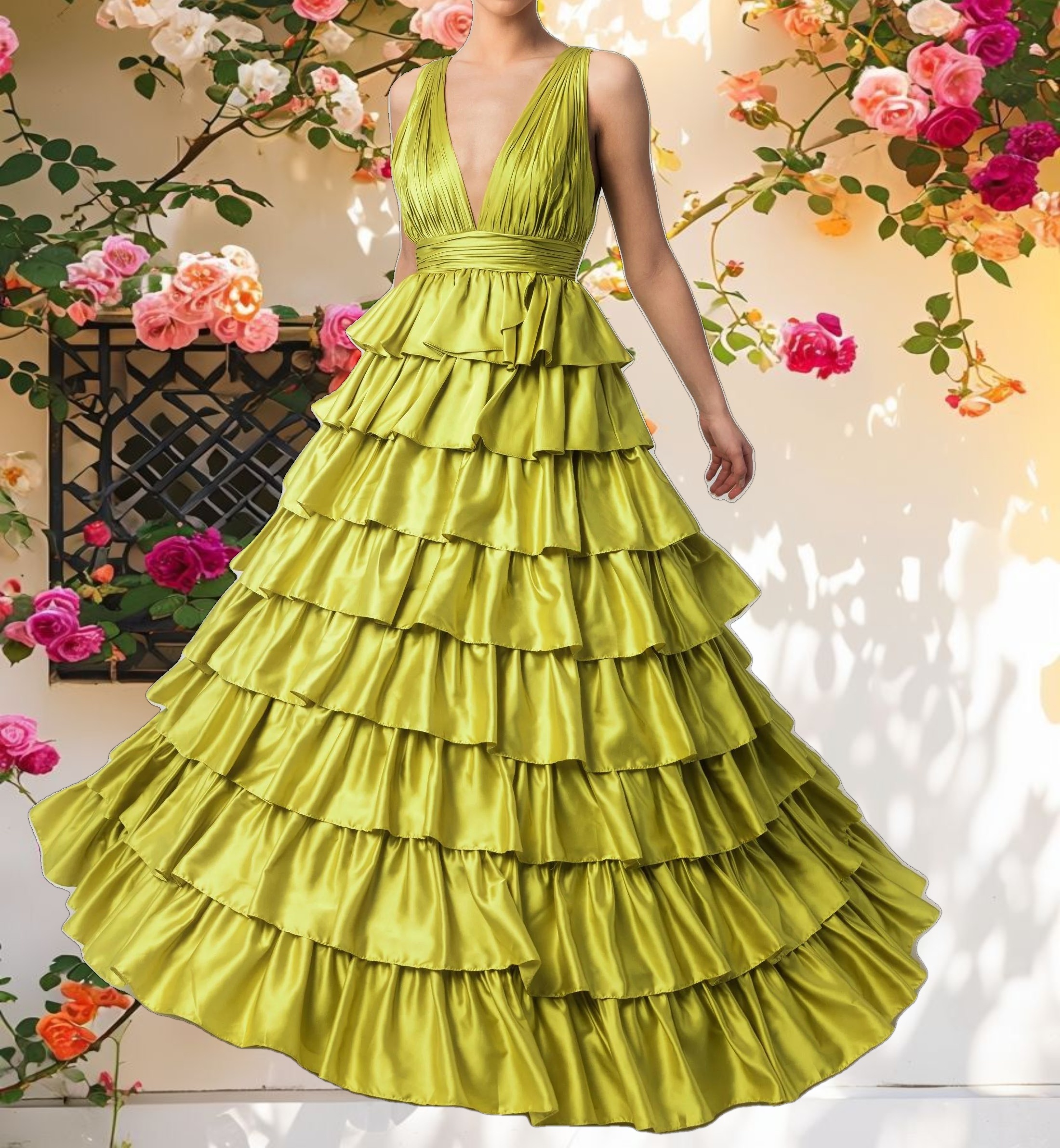 Green Ruffle Tiered Pleated Sleeveless V Neck Gown