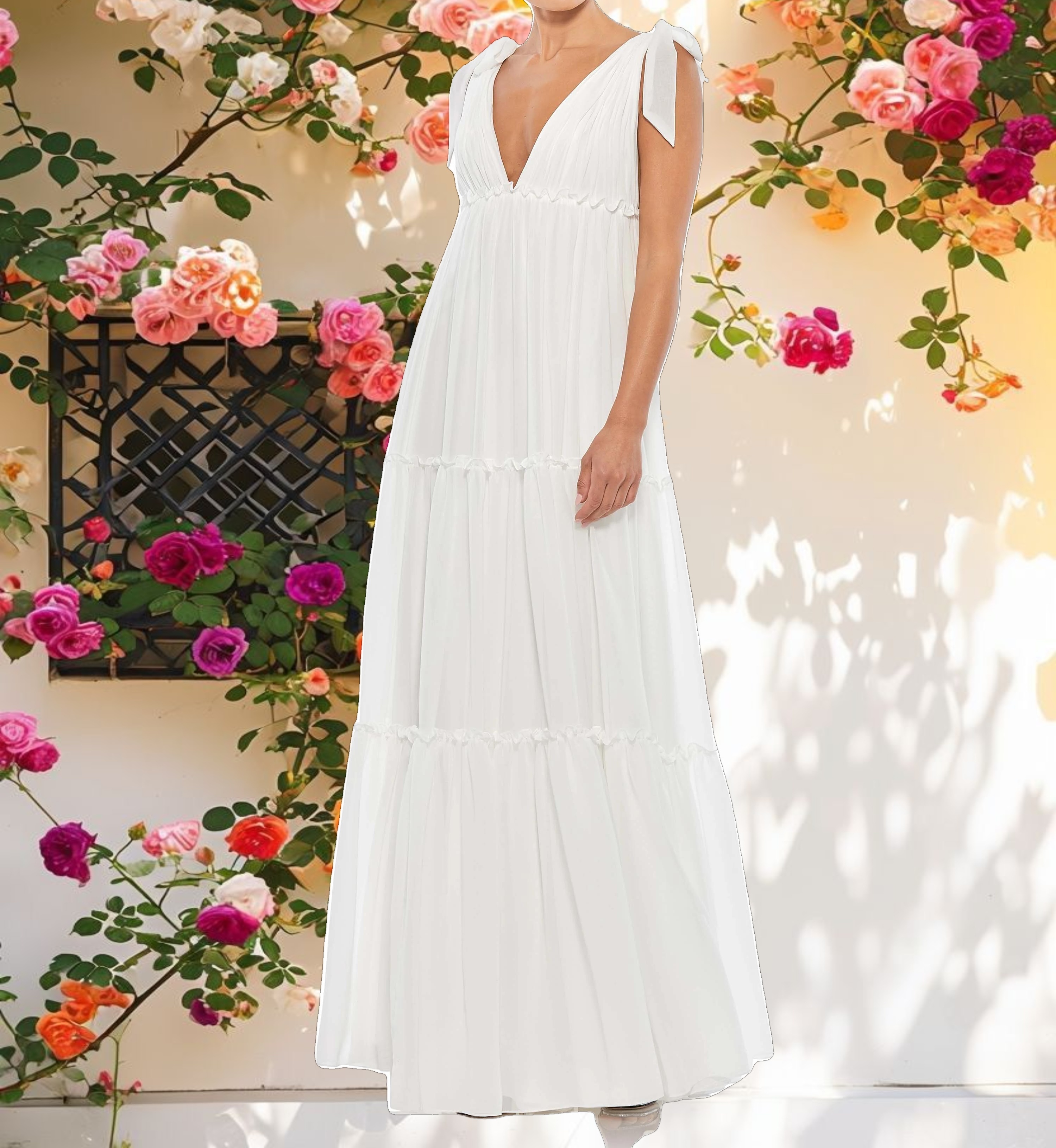 White Tiered V Neck Plunging Maxi Dress