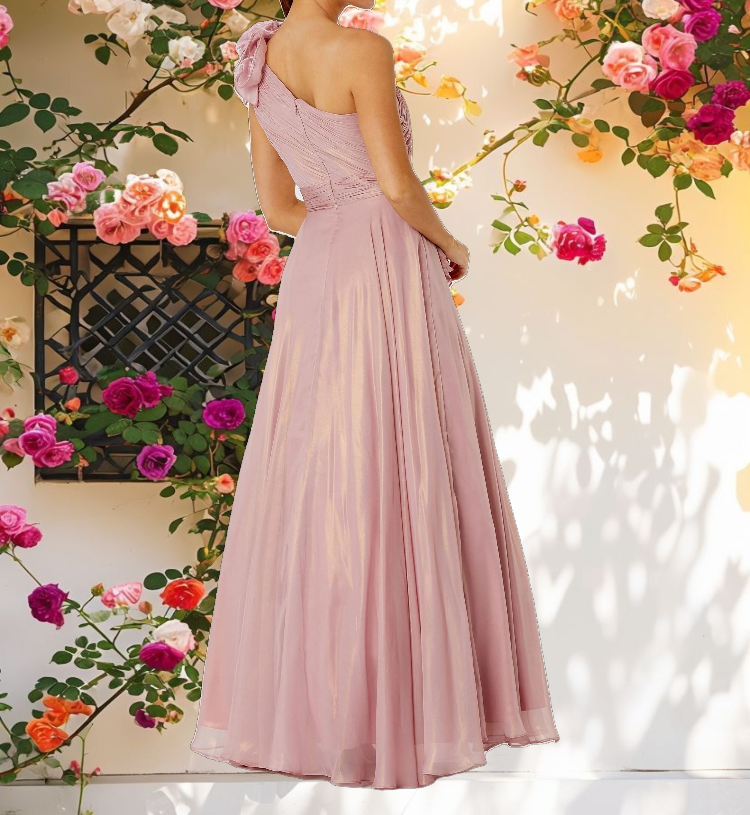 Iridescent One Shoulder Rosette Ball Gown