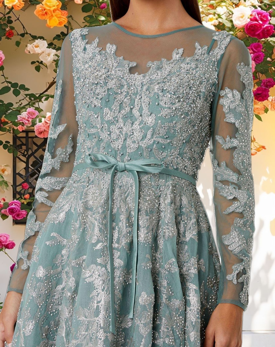 Stitched Decorated Belt Belt Long Sleeve A Line Dress