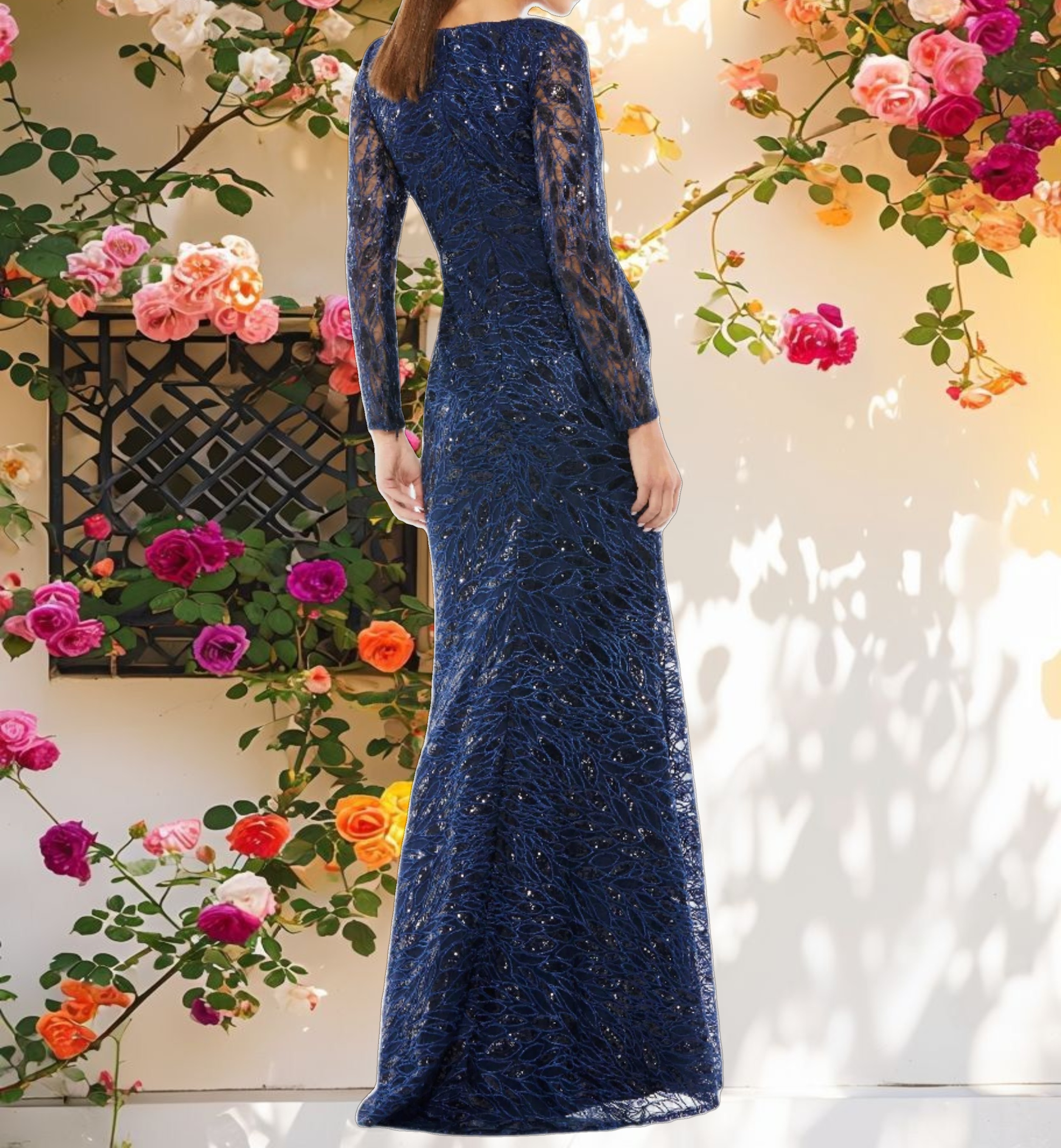 Navy Long Sleeve Ruched Sequined V Neck Gown