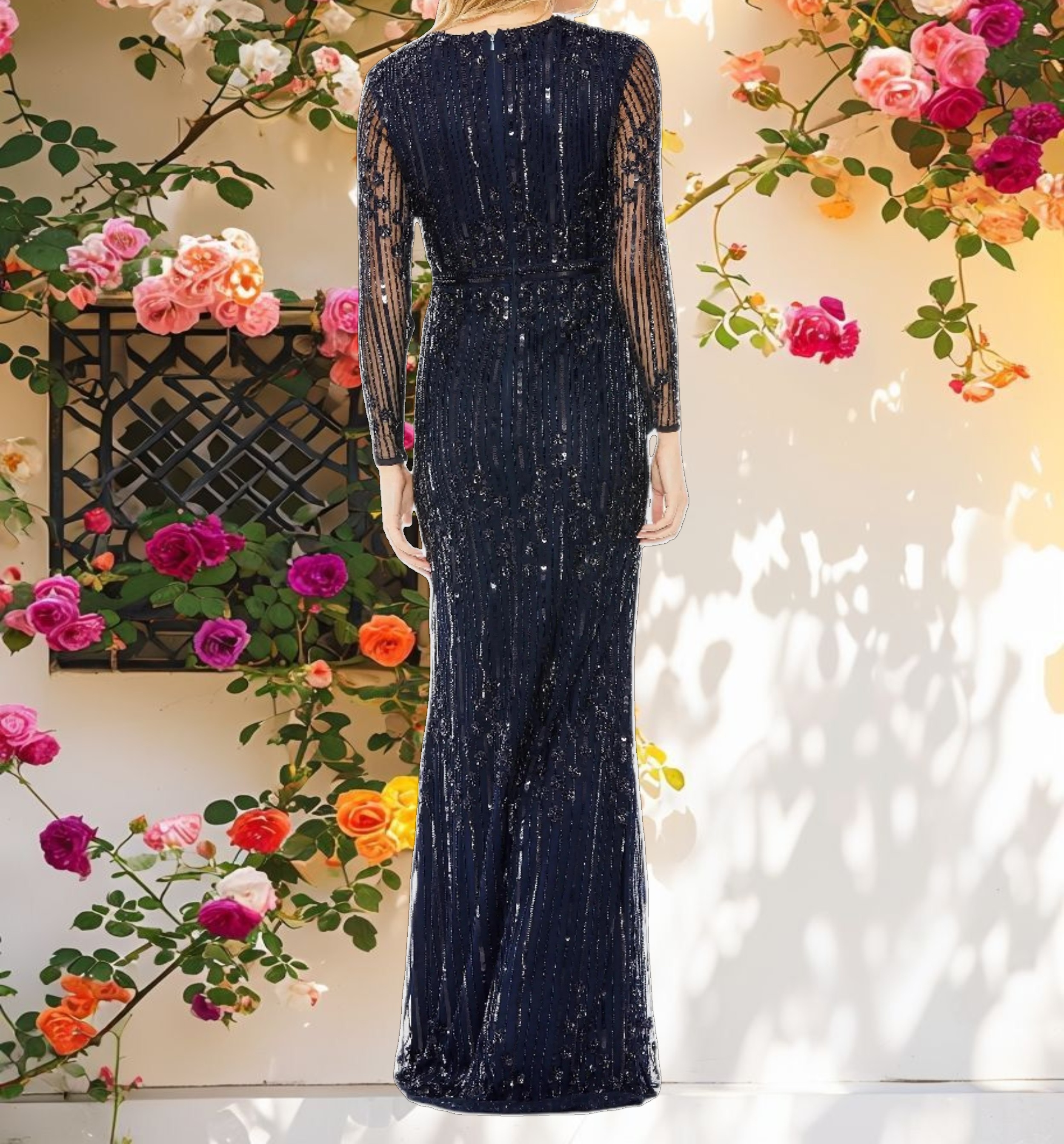Embellished Long Sleeve Column Gown