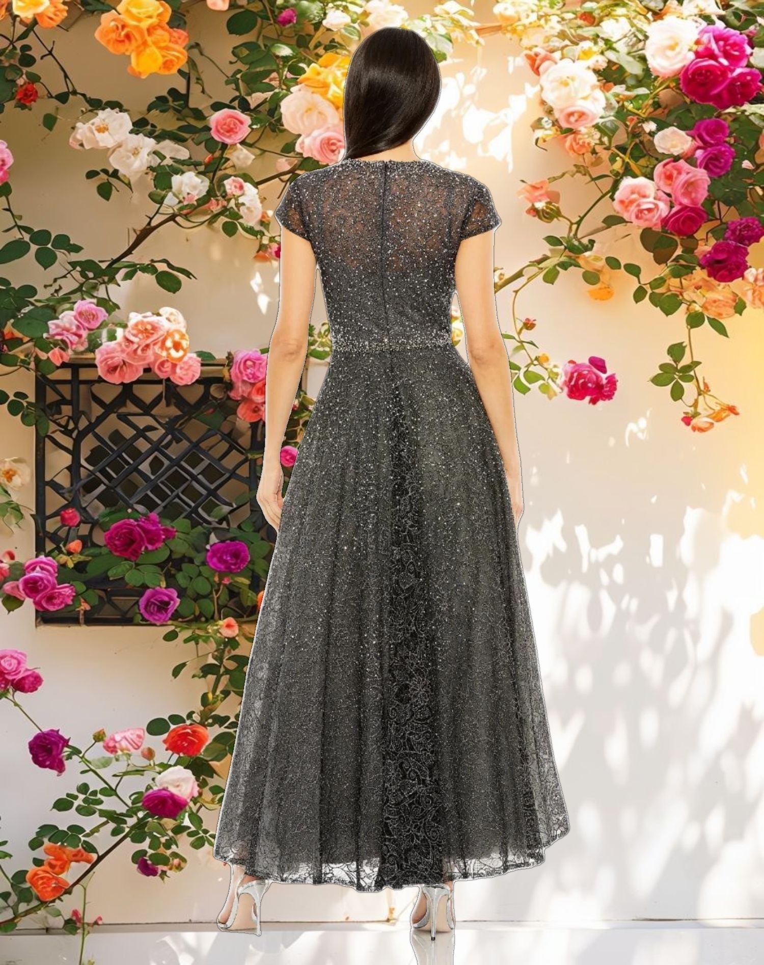 Embellished Cap Sleeve A Line Dress