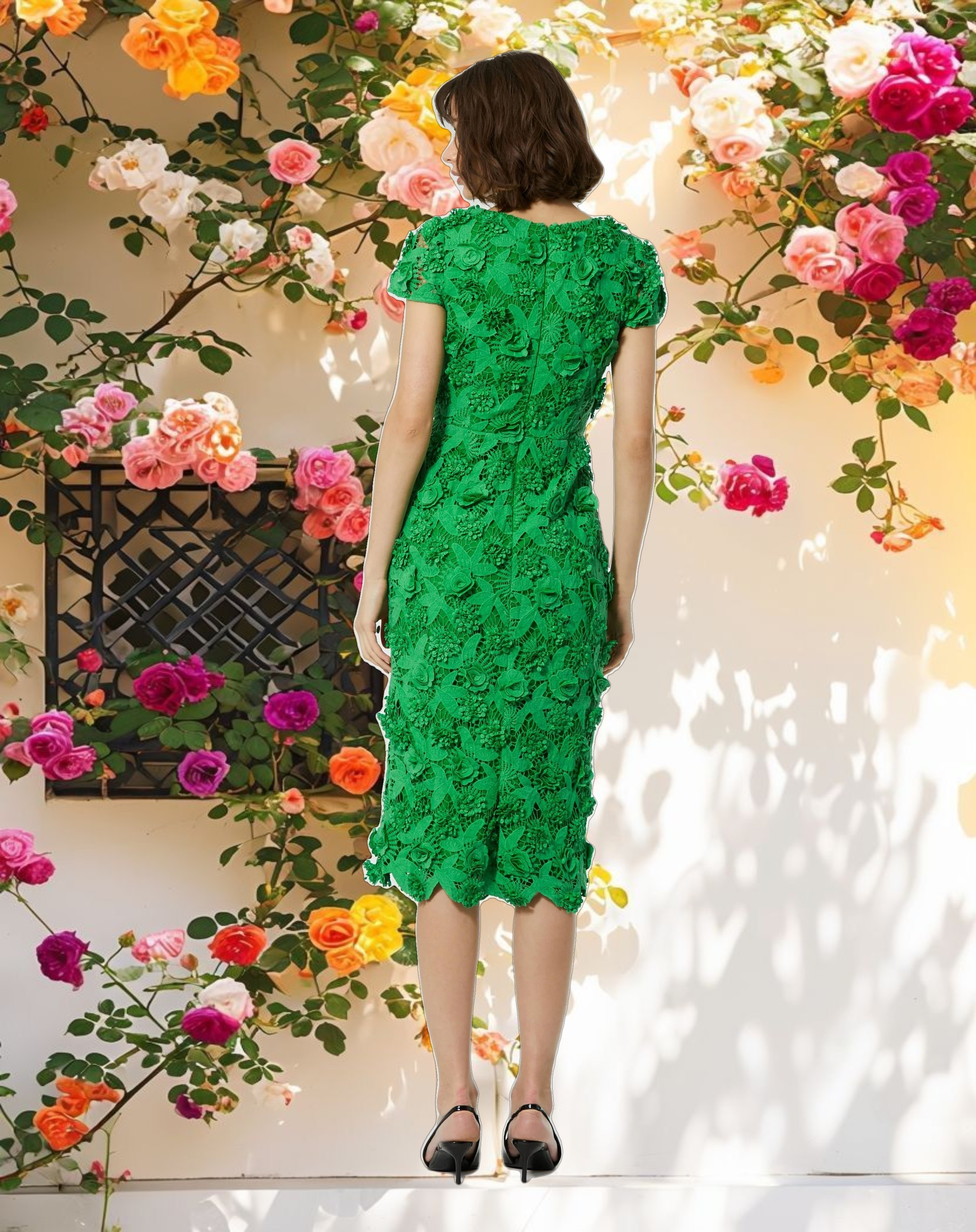 Floral Lace Fitted Midi Dress