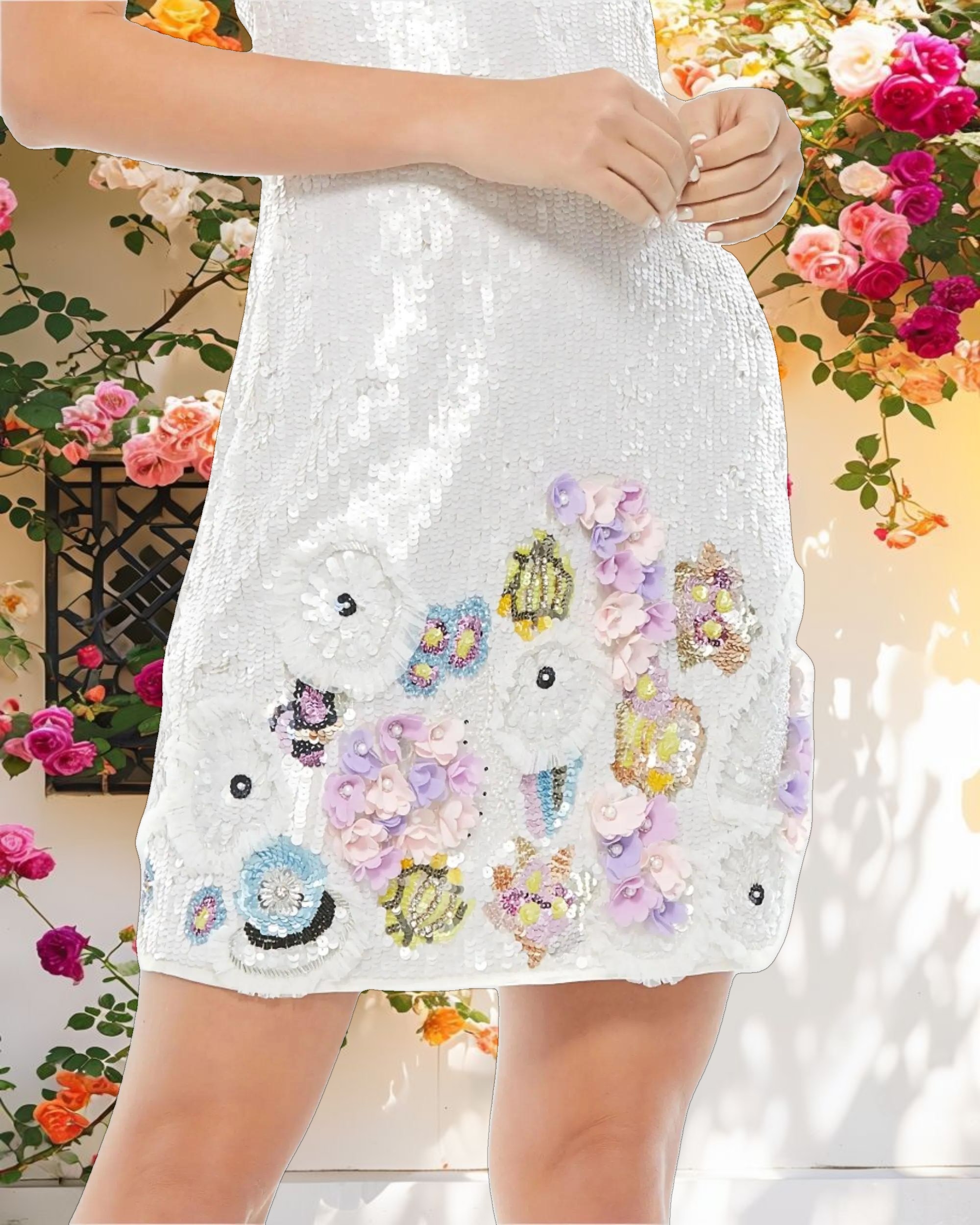 White Sequined Mixed Media Floral Embellished Mini Dress