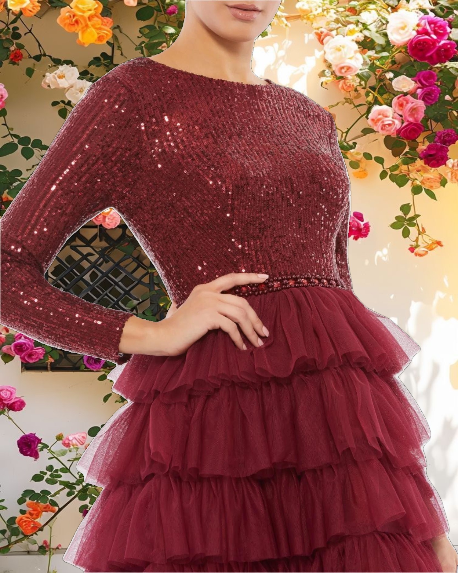 Red Long Sleeve Ruffle Tiered Midi Dress