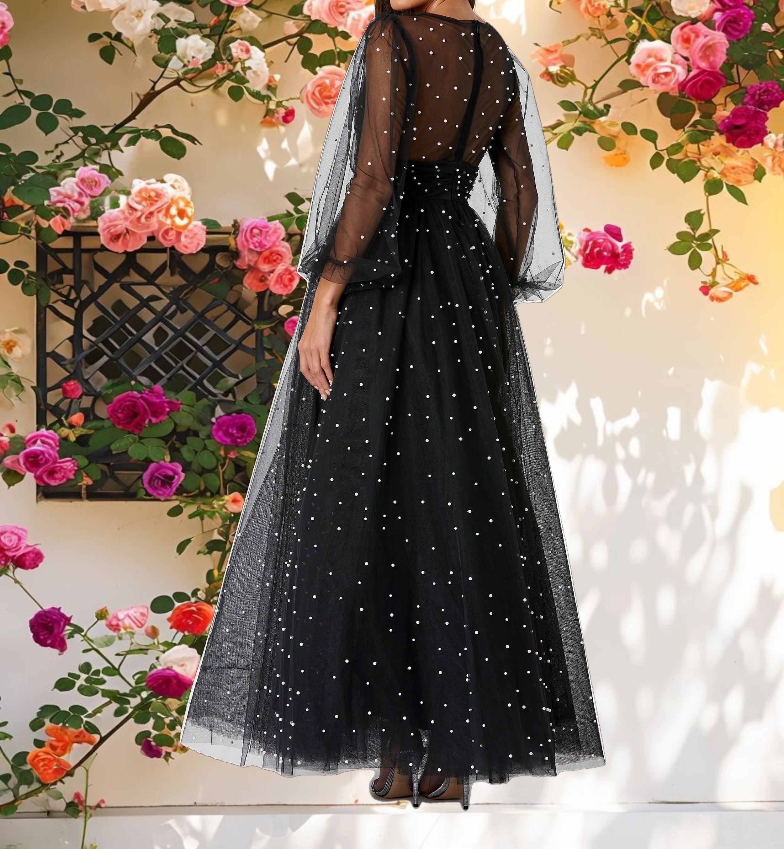 Long Sheer Sleeve Draped Pearl Beaded Gown