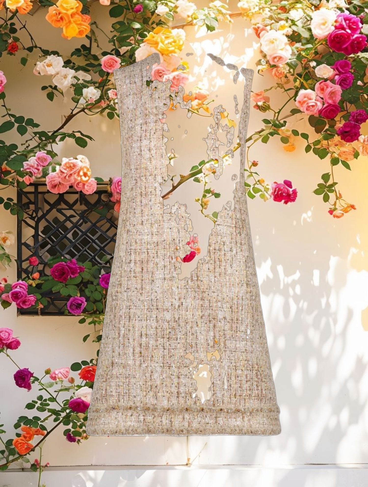 Beige Beaded Trim A Line Mini Shift Dress