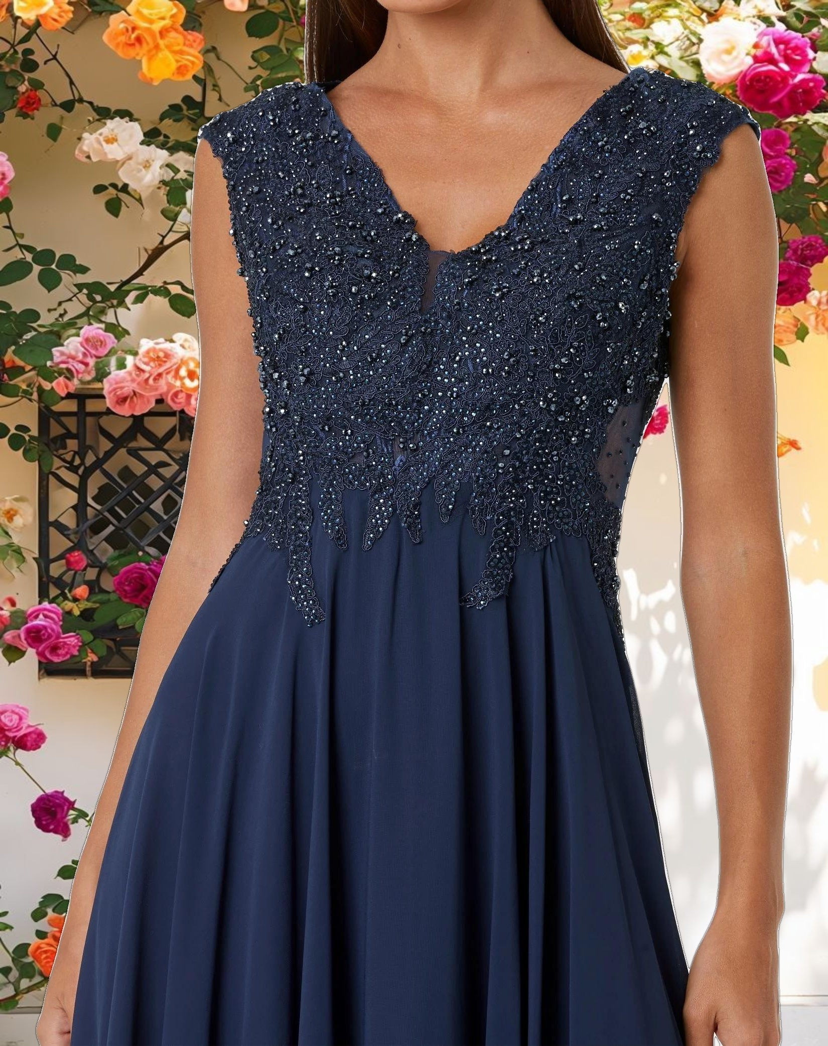 Navy Applique Cap Sleeve Bodice Flowy Gown