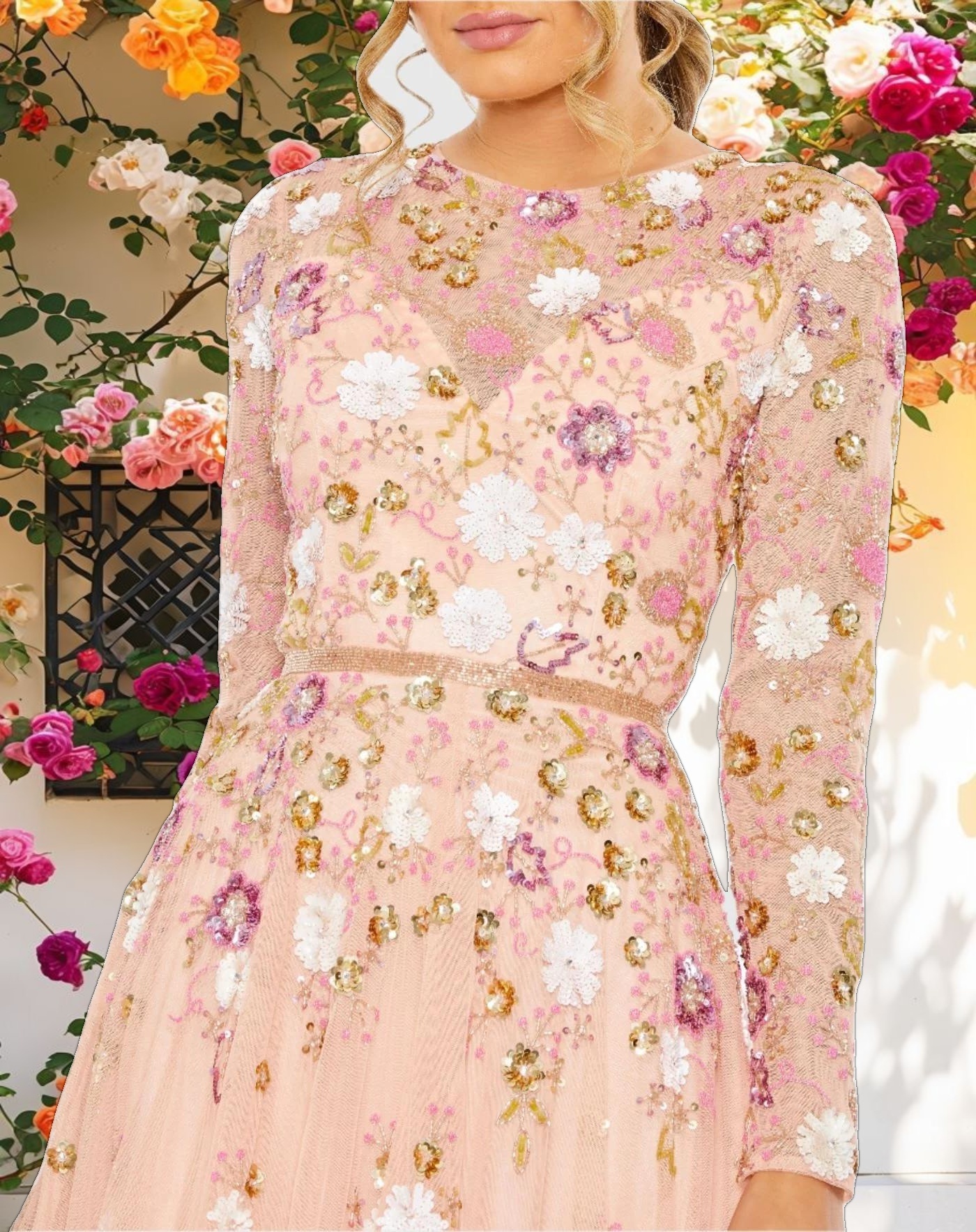 Shimmering Floral Long Sleeve High Neck Midi Dress