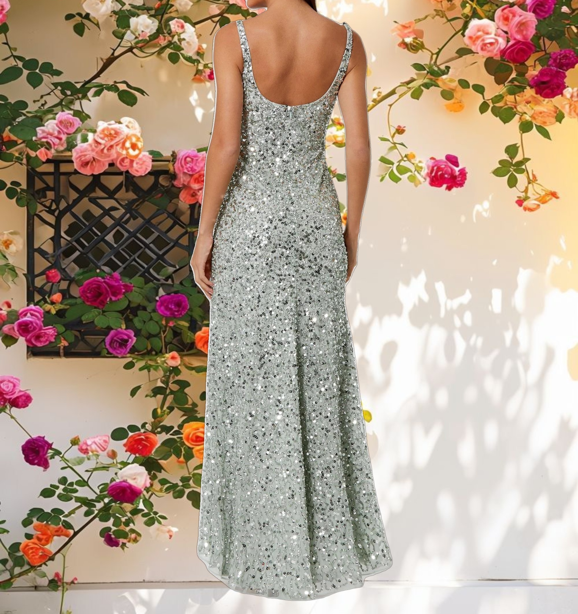 Green Sequined Low Back Slip Gown
