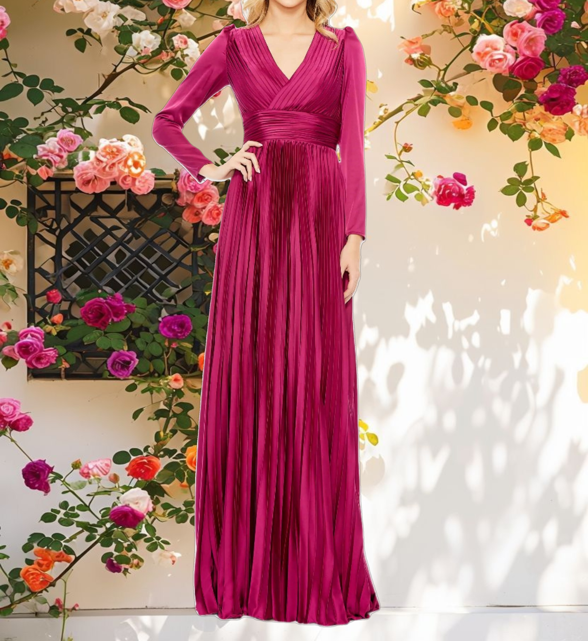 Purple Pleated Long Sleeve V Neck Gown