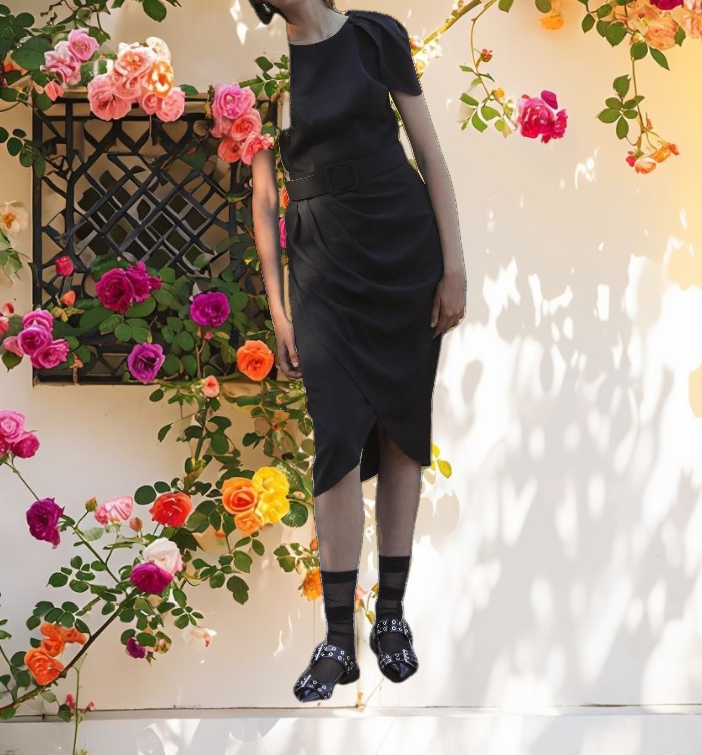 Black Crepe Boat Neck Midi Tulip Dress With Belt