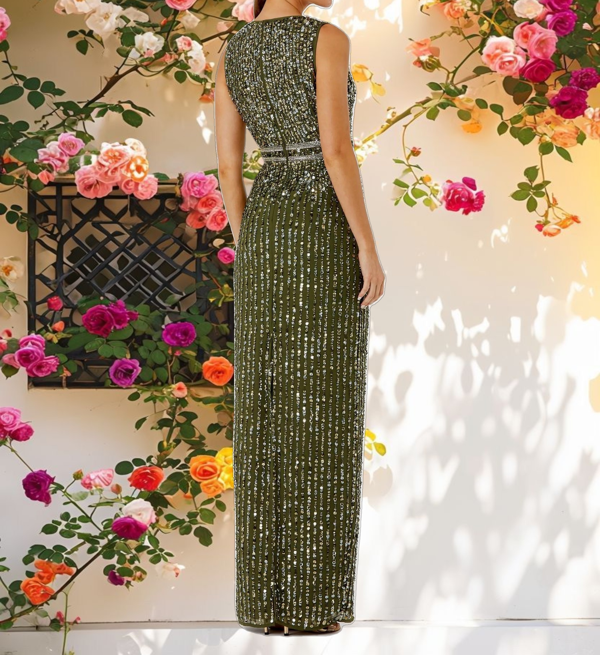 Green Sequined High Neck Sleeveless Column Gown
