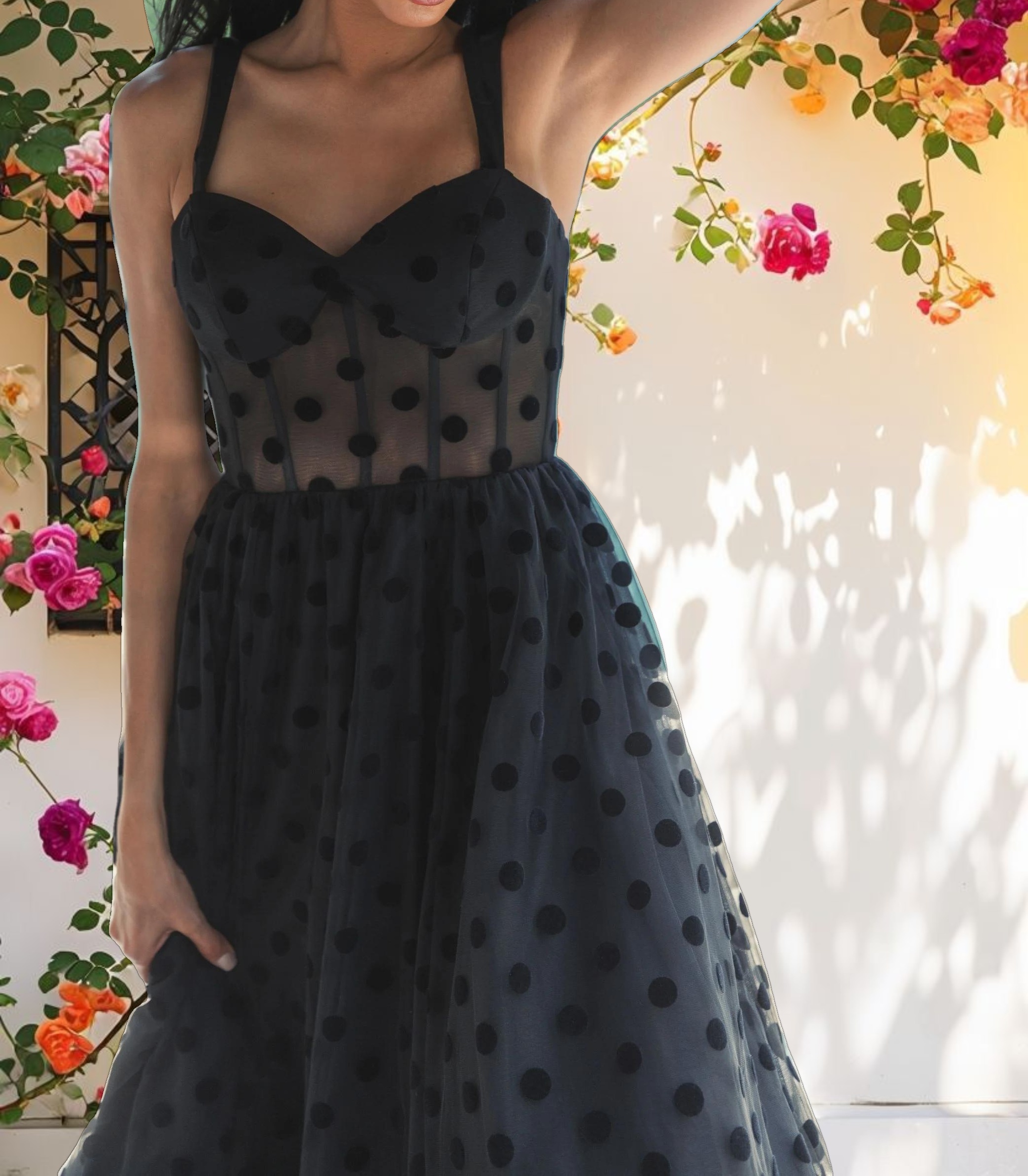 Polka Dot Net Bustier A Line Midi Dress