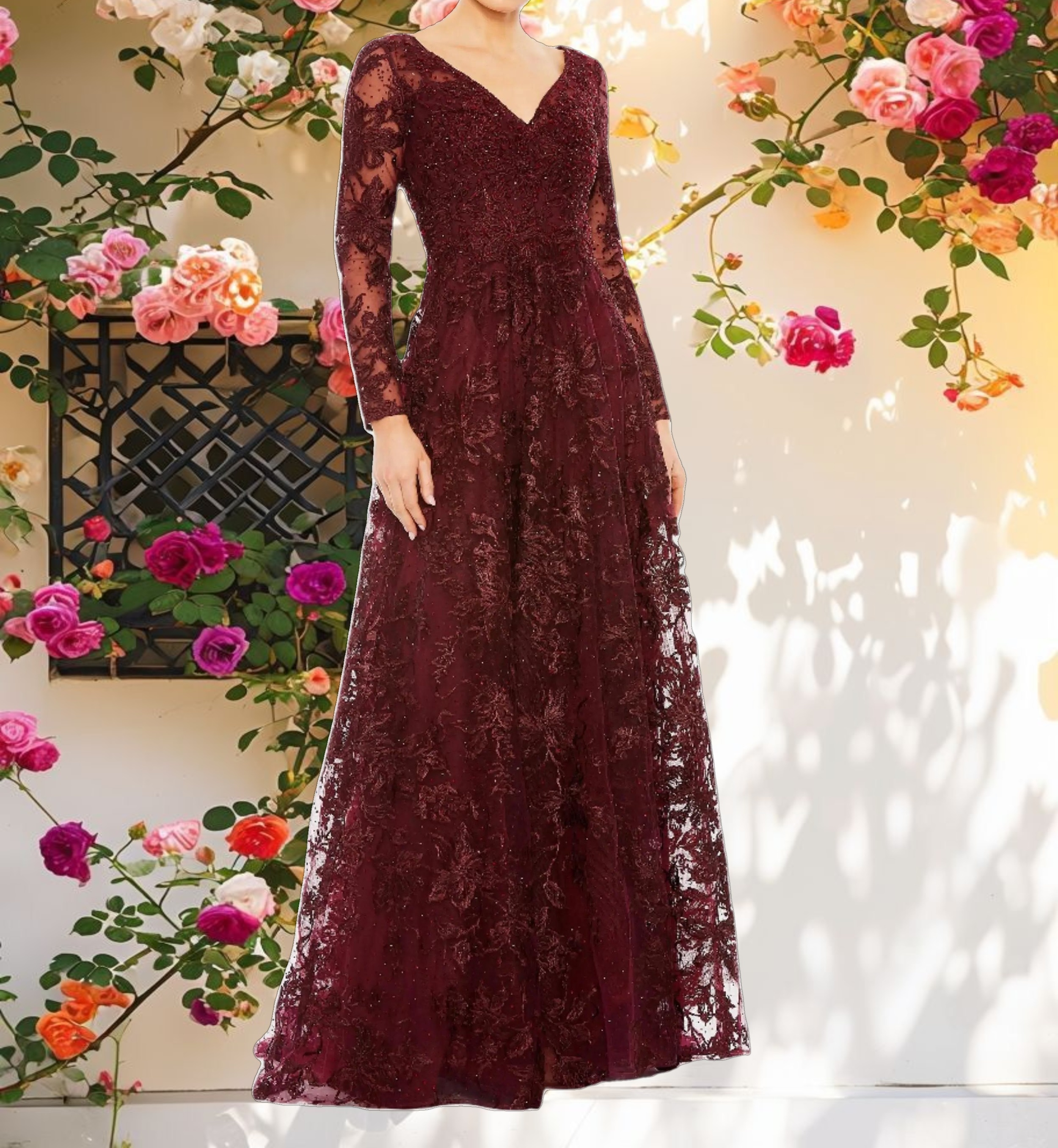 Embroidered Illusion Long Sleeve V Neck Gown