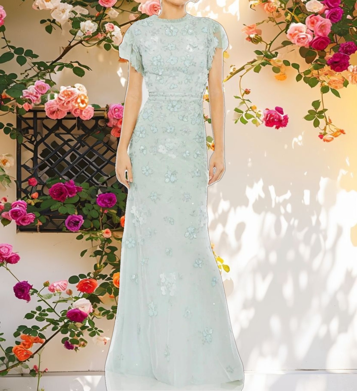 Blue Floral Embellished High Neck Flutter Sleeve Gown