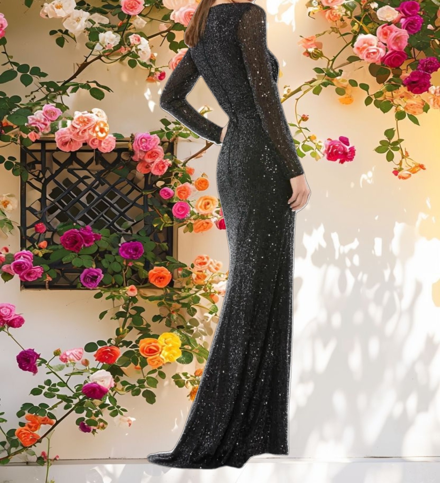 Black Sequined Long Sleeve Gown