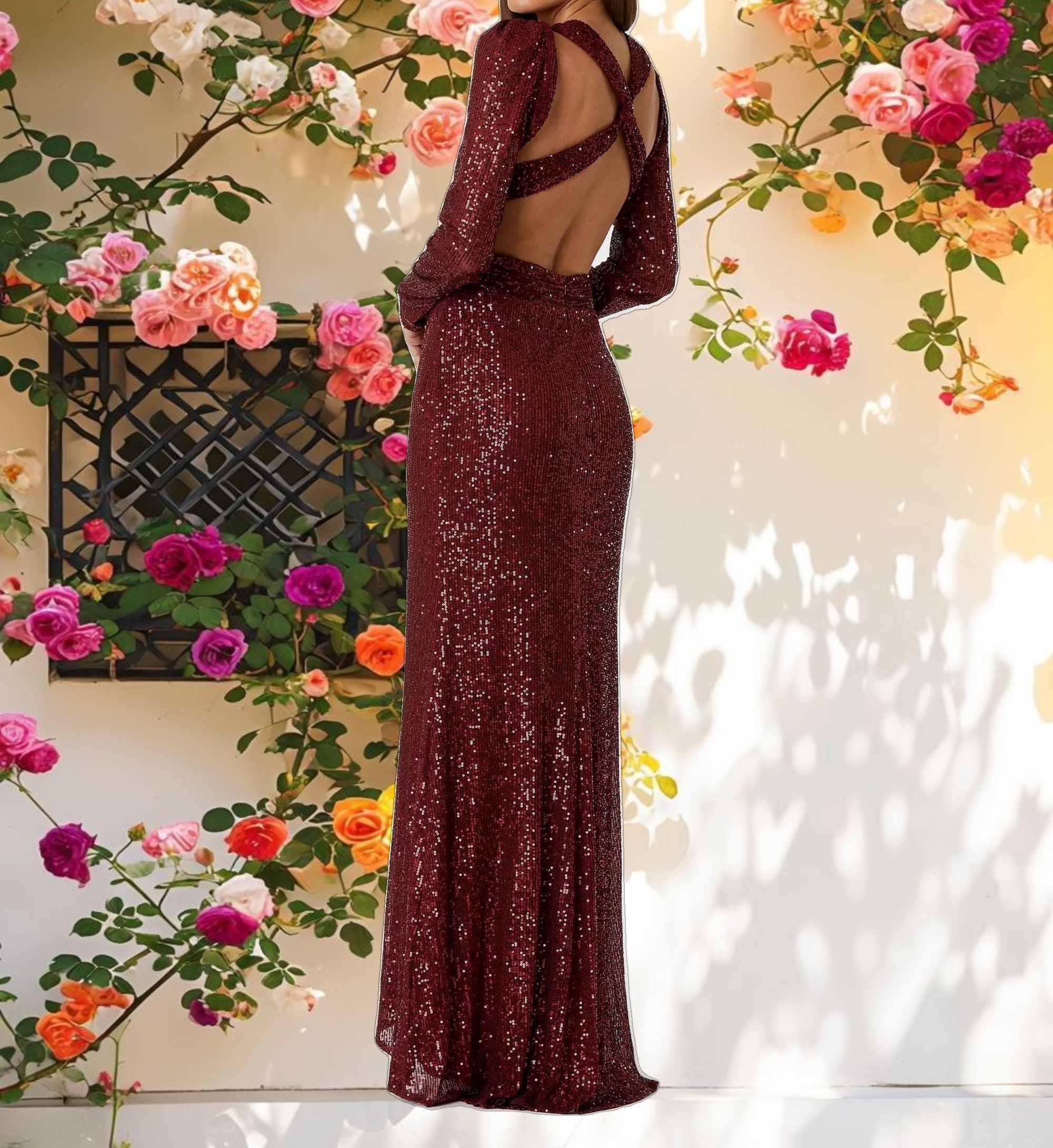 Sequined Criss Cross Long Sleeve Gown