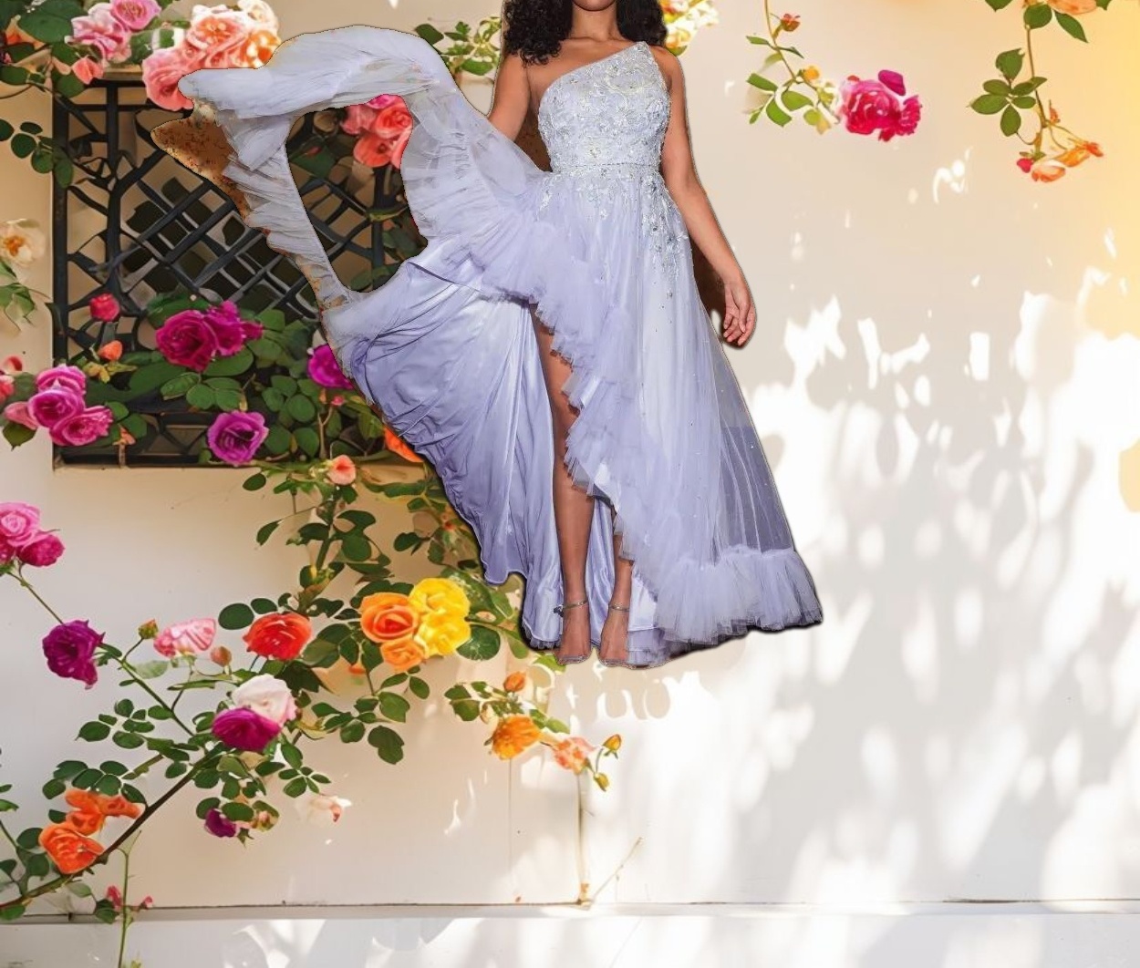 Pink Decorated Open-Shoulder Asymmetrical Hem Dress