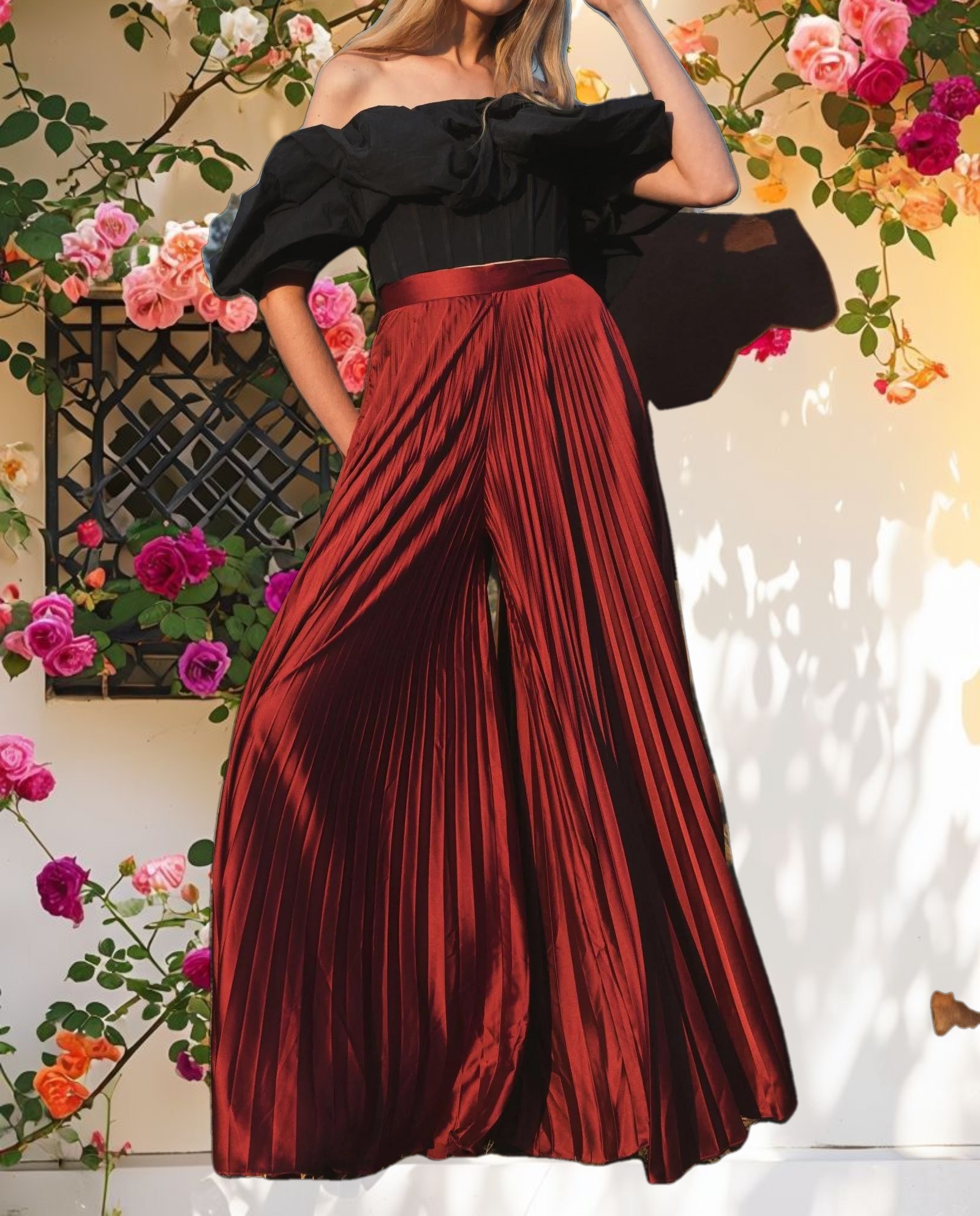 Pleated Charmeuse Wide Leg Trousers