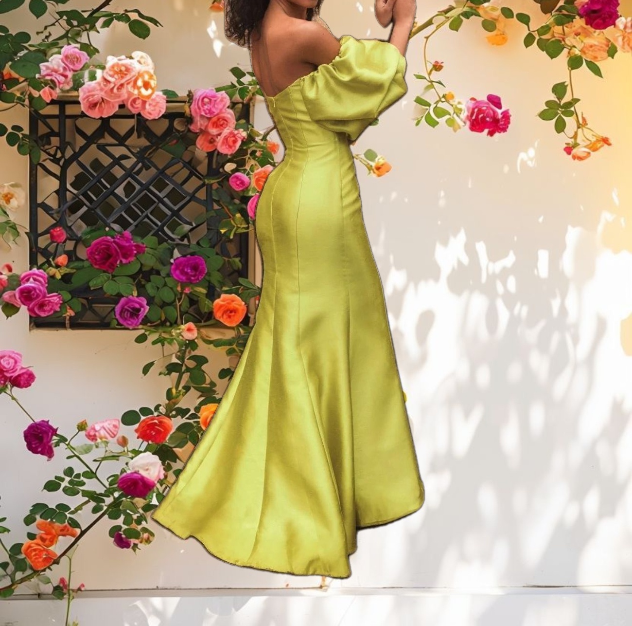 Green Sweetheart Off The Shoulder Puff Sleeve Gown