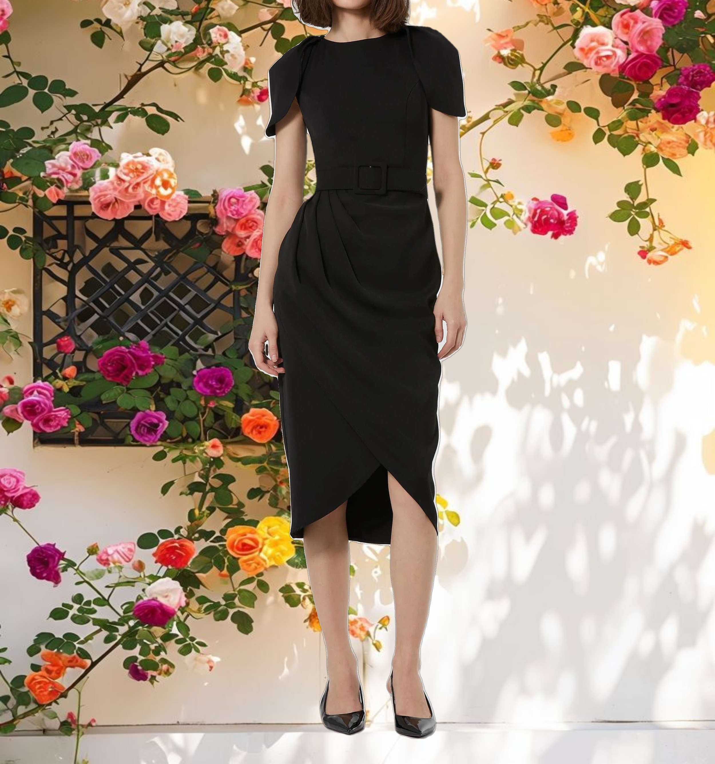 Black Crepe Boat Neck Midi Tulip Dress With Belt