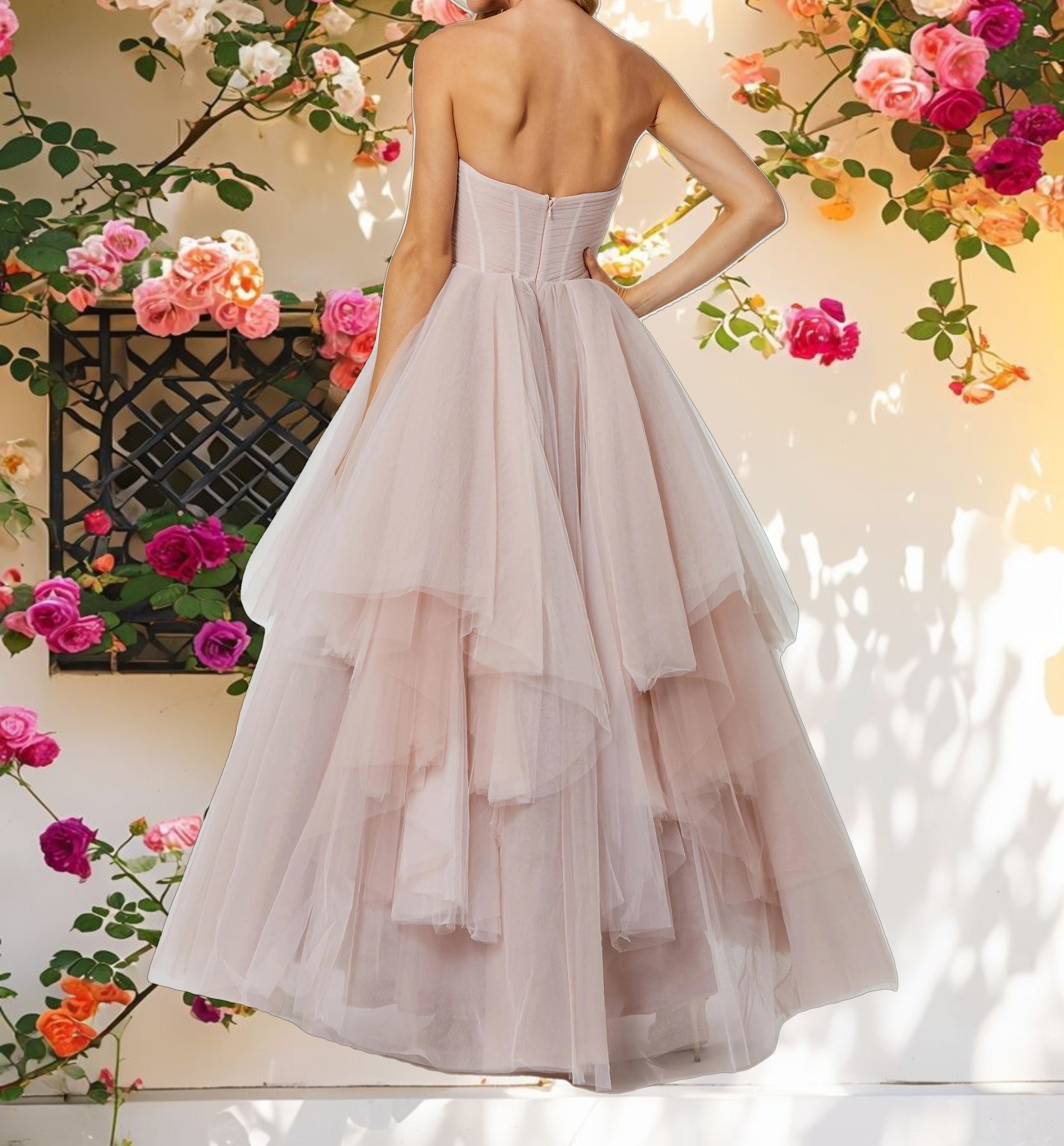 Rose Strapless Bustier Twist Top Ruffle Ballgown