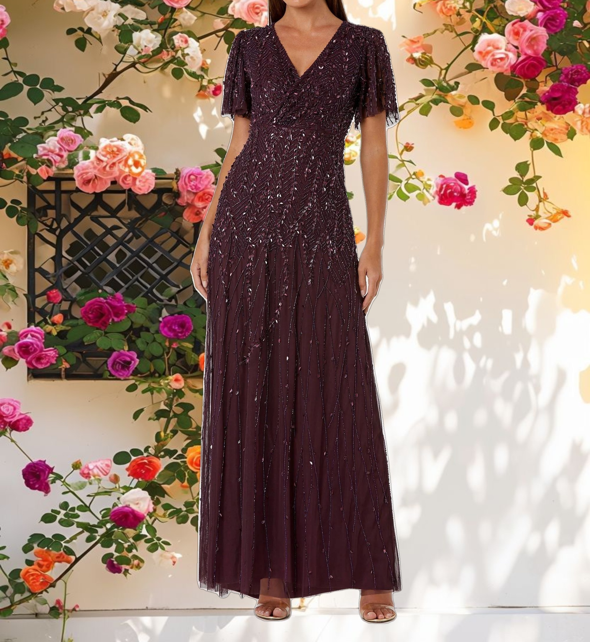 Embellished Flutter Sleeve Gown