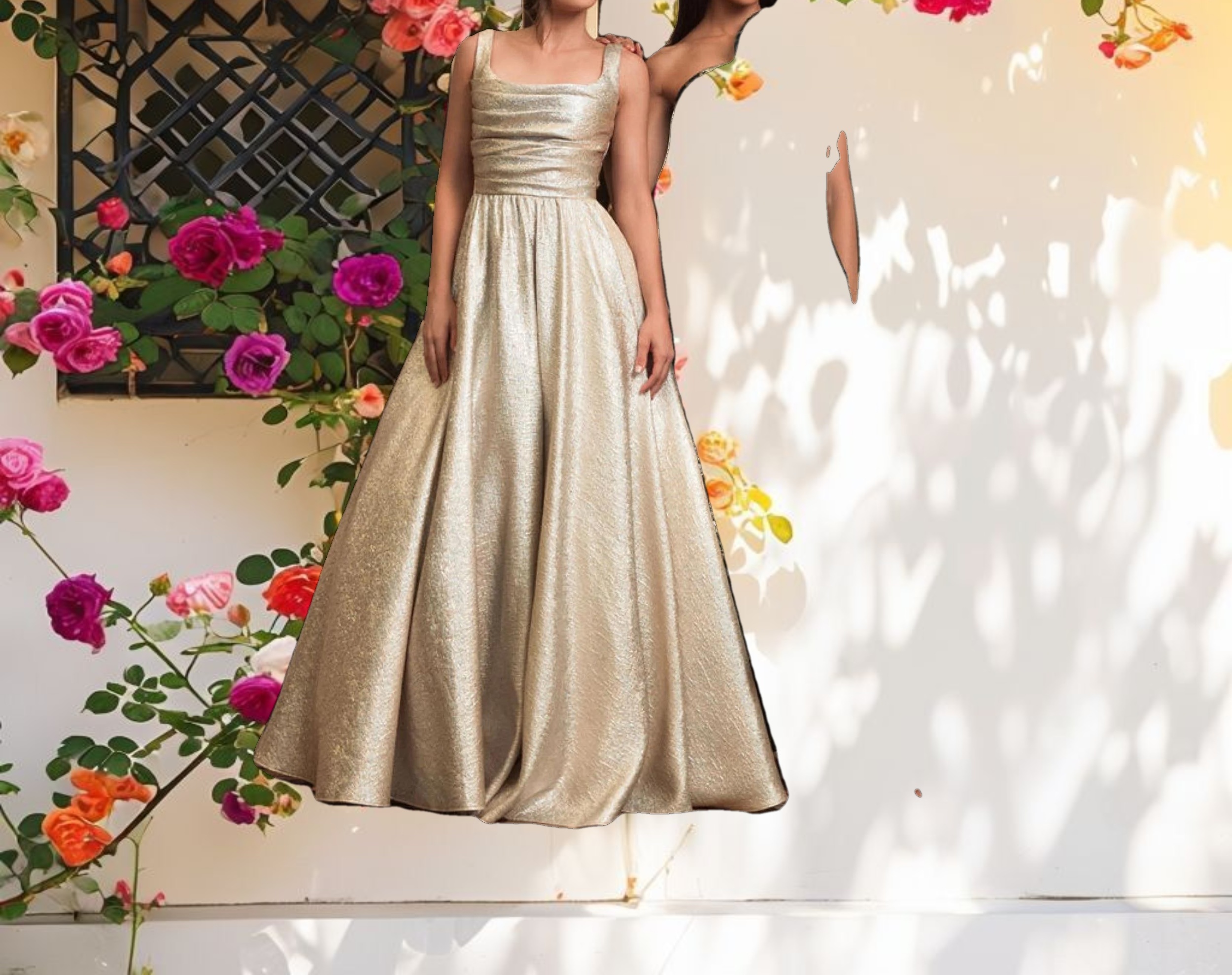 Gold Metallic Pleated Bodice Ballgown