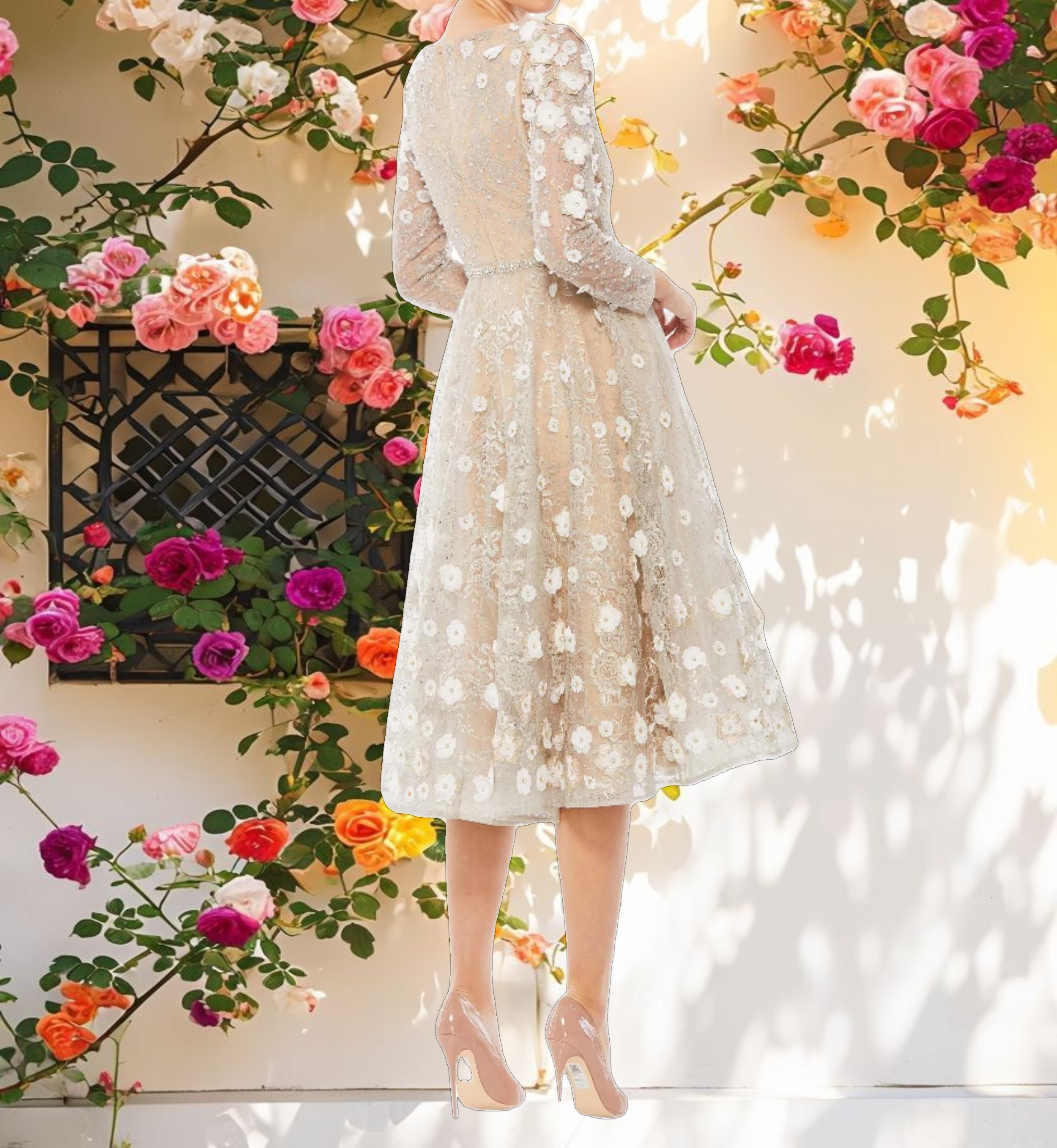 Beige Floral Embellished Lace A Line Cocktail Dress