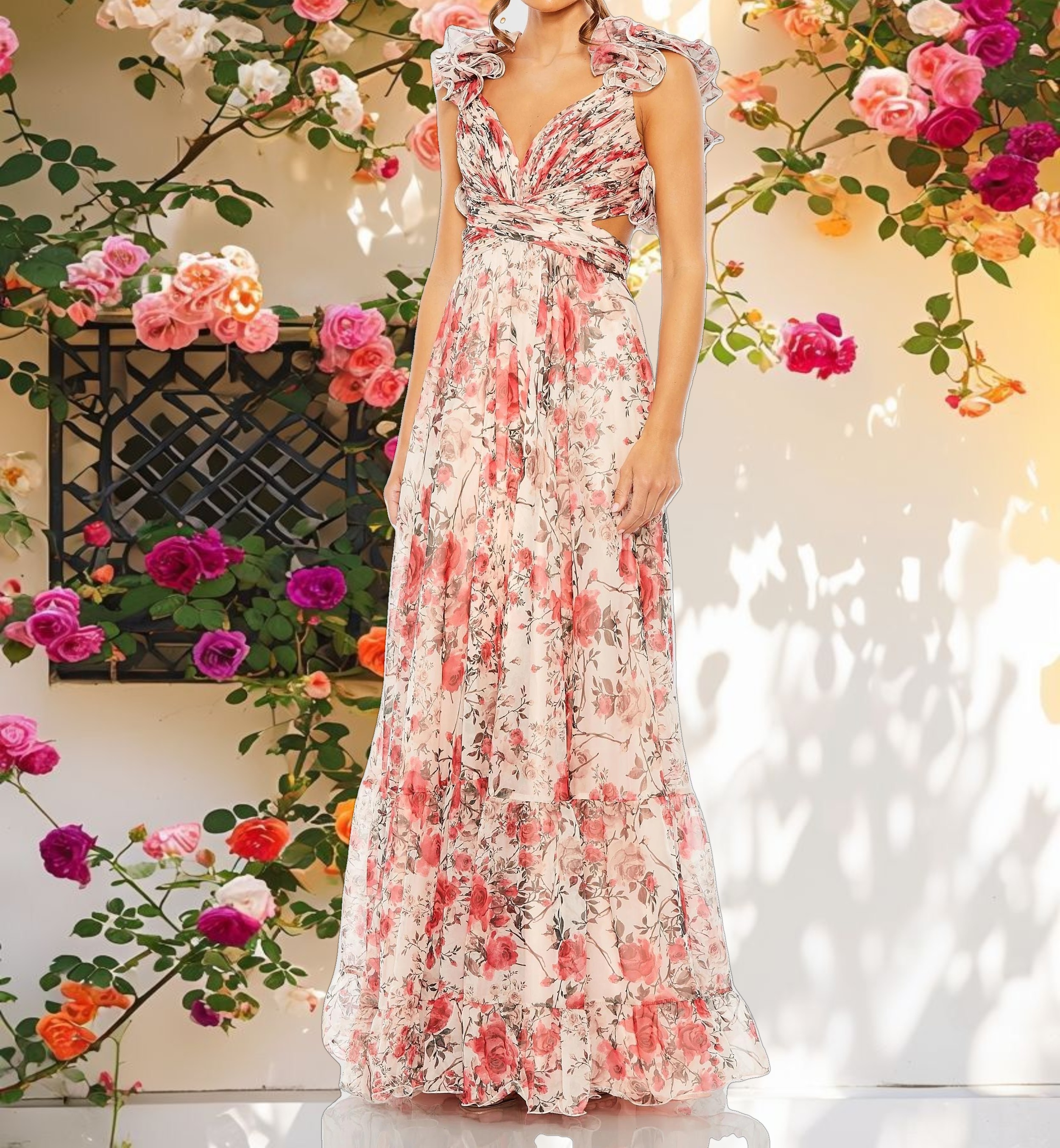 Ruffle Tiered Floral Cut Out Chiffon Gown