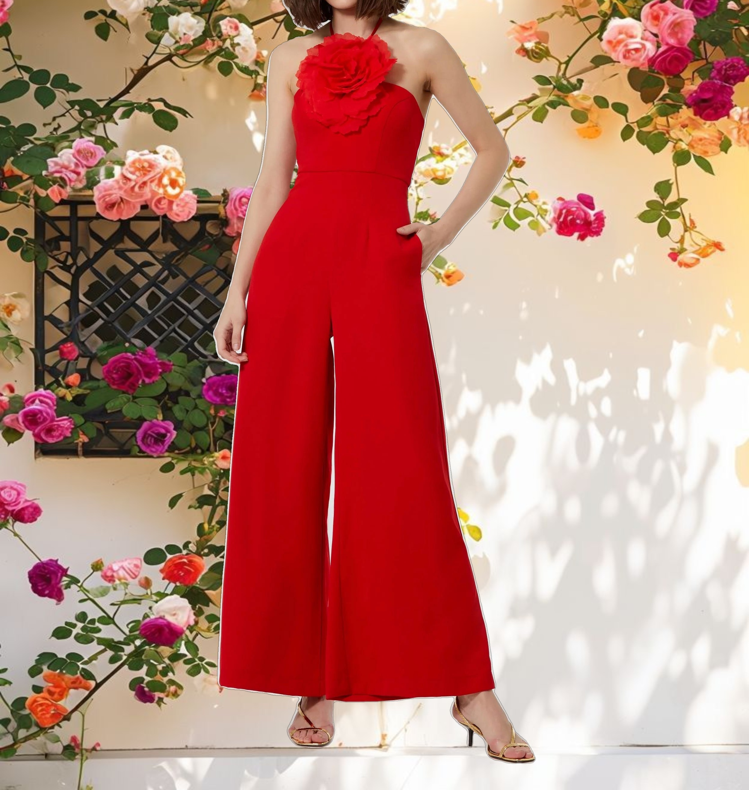 Halter Neck Crepe Jumpsuit With Flower