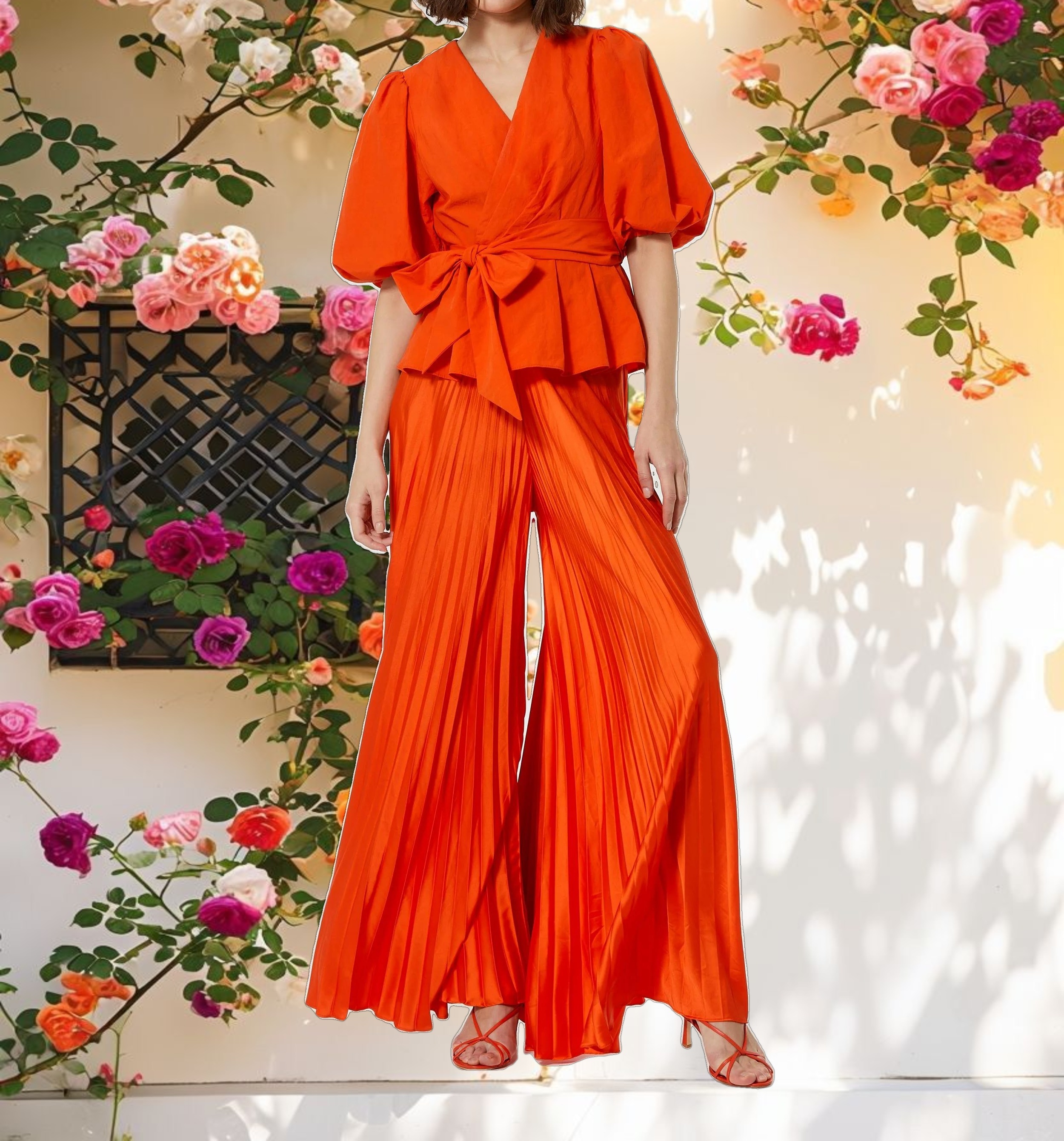 Orange Pleated Charmeuse Wide Leg Pants