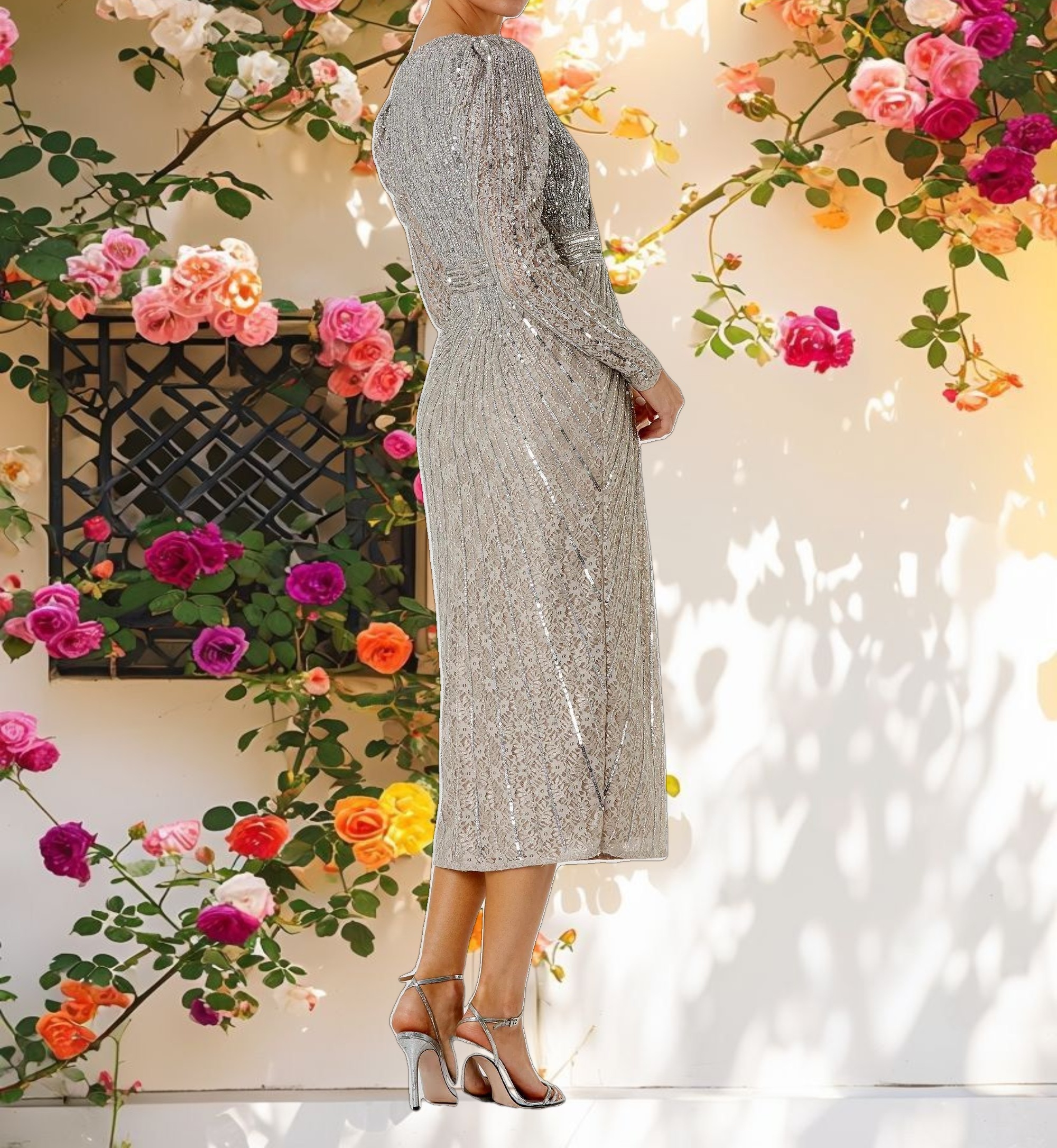 Gray Beaded Lace Midi Dress